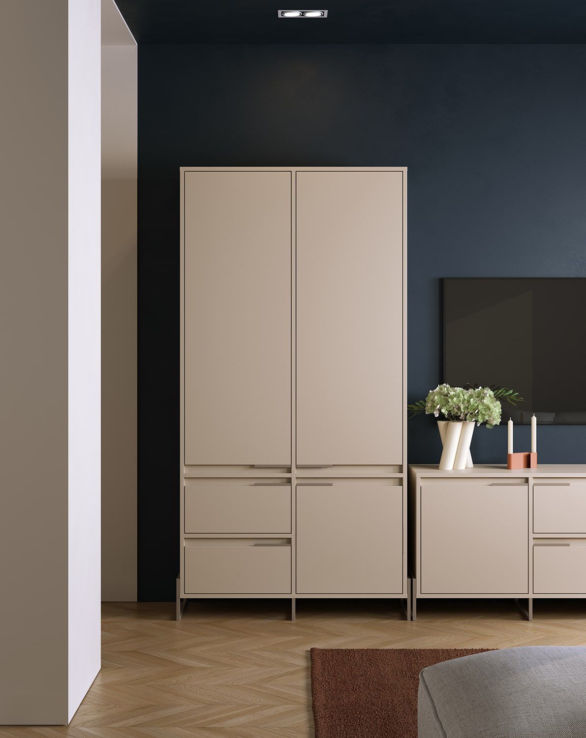 INEA ISZ1S Kleiderschrank
Farbe: Champagner Beige
Farbe der Beine und Griffe: Stahl Inea Cappuccino