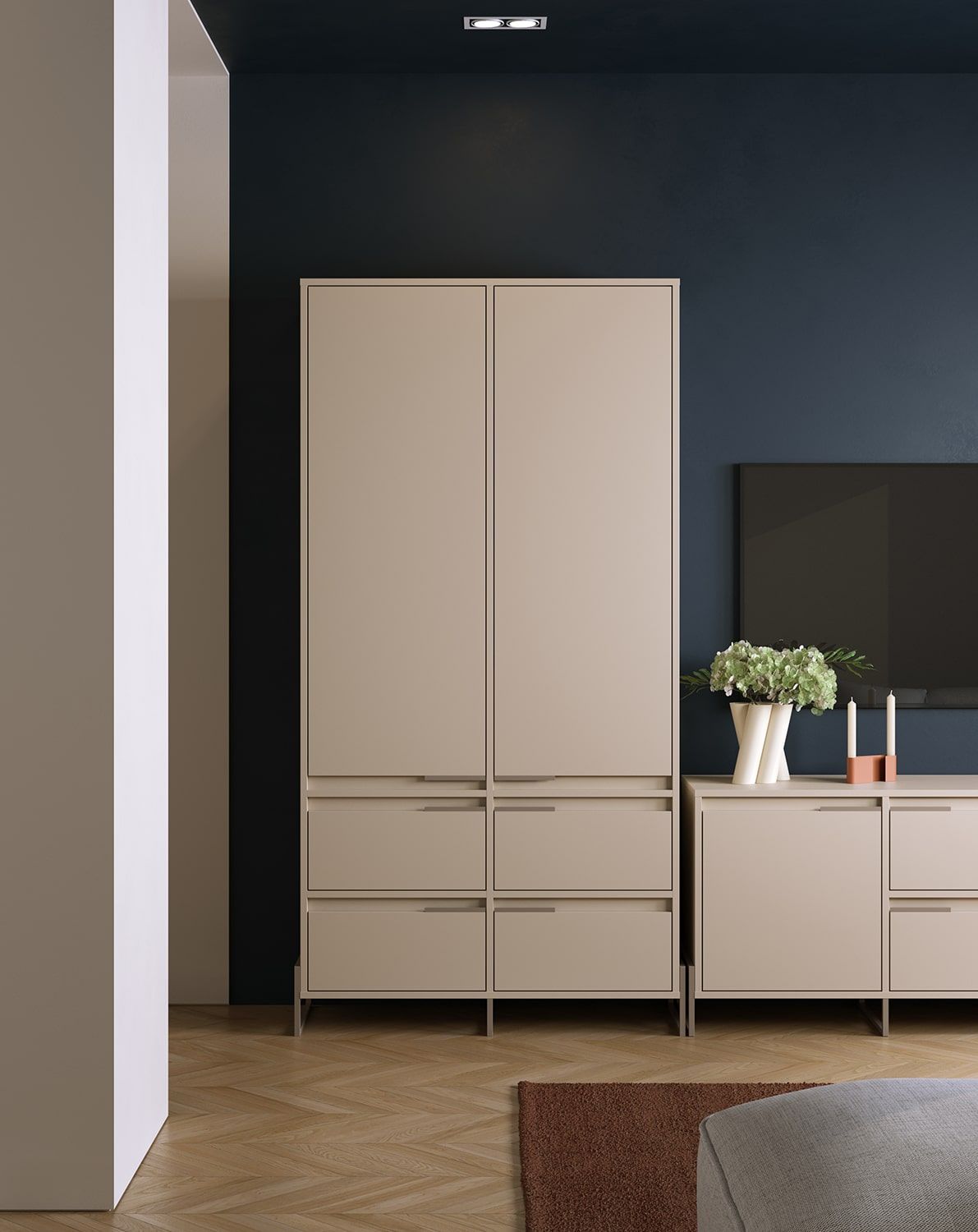 INEA ISZ2S Kleiderschrank
Farbe: Champagner Beige
Farbe der Beine und Griffe: Stahl Inea Cappuccino