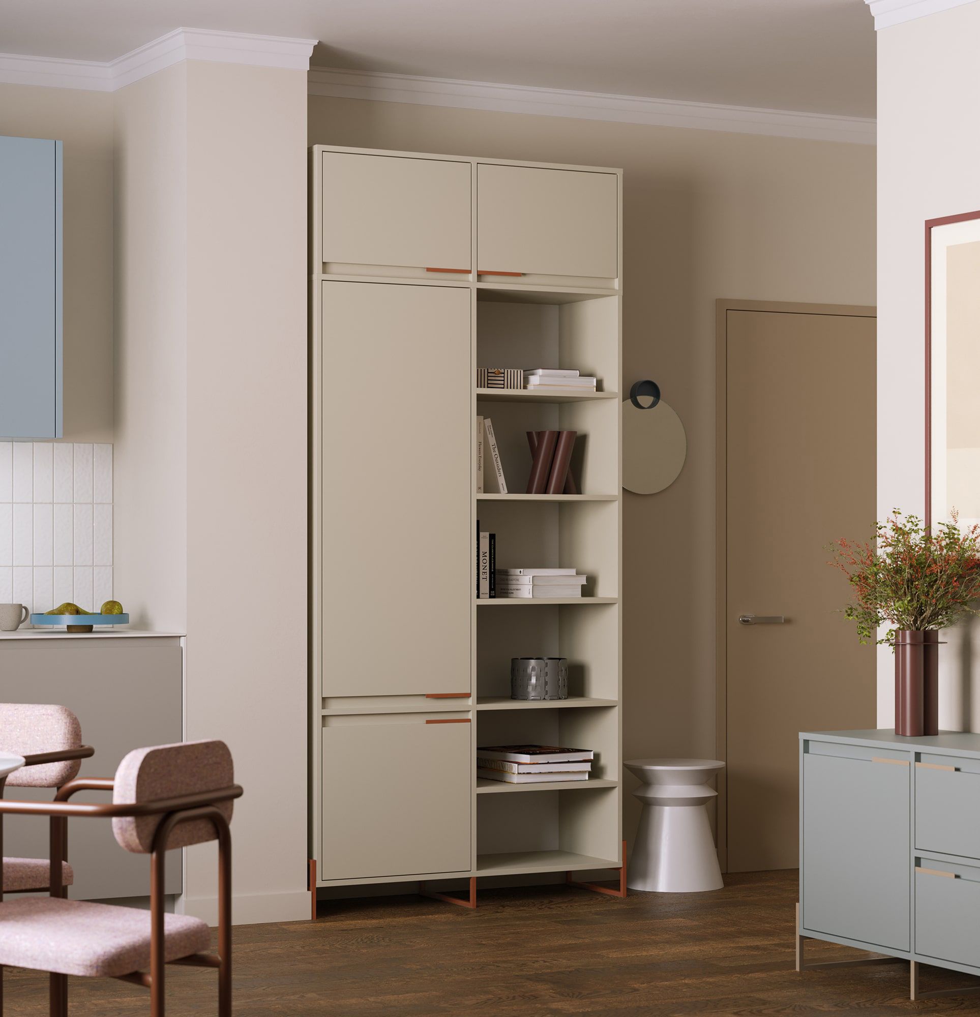 INEA ISZ3 Kleiderschrank
Farbe: Milky Way
Farbe der Beine und Griffe: Stahl Inea Feurig Terrakotta