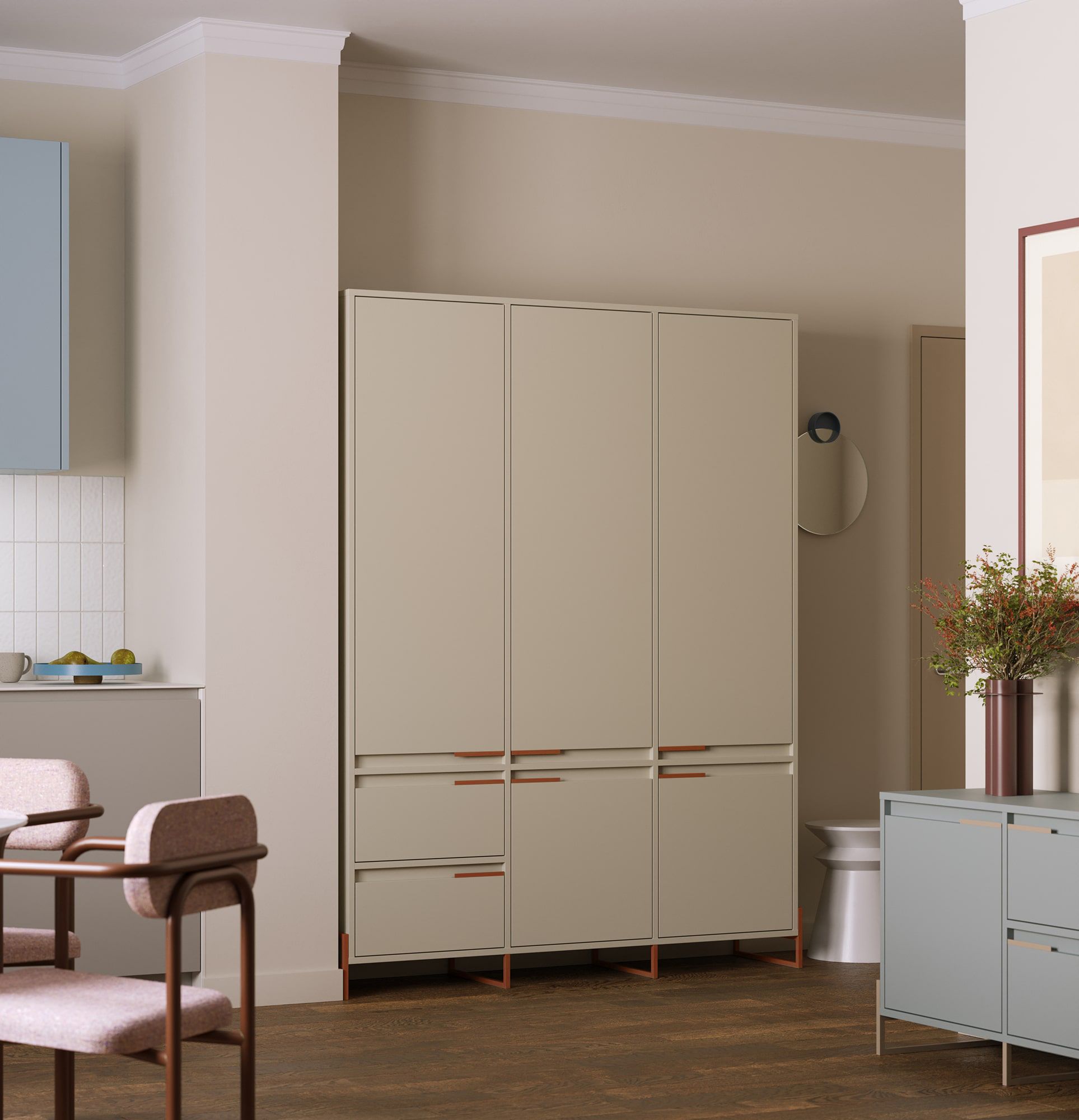 INEA Kleiderschrank ISZD2S
Farbe: Milky Way
Farbe der Beine und Griffe: Stahl Inea Feurig Terrakotta
