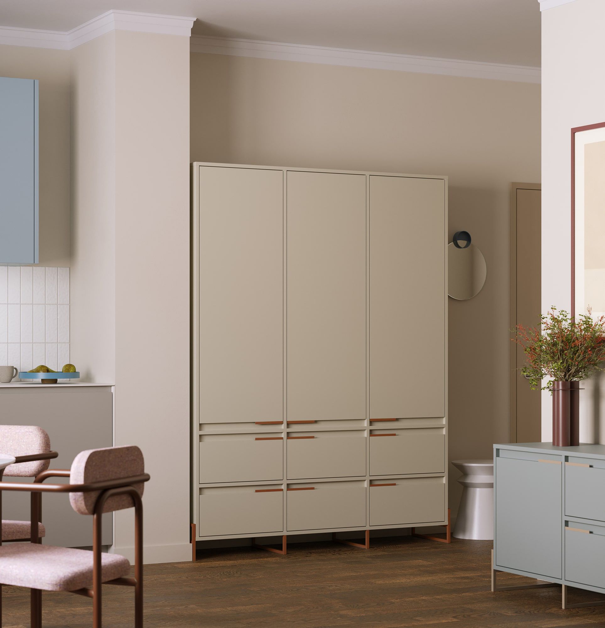 INEA ISZD3 Kleiderschrank
Farbe: Milky Way
Farbe der Beine und Griffe: Stahl Inea Feuriges Terrakotta