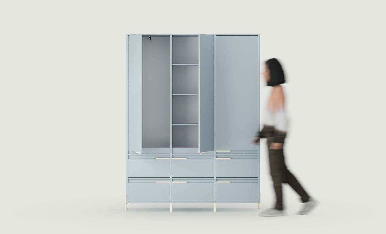 INEA ISZD3 Kleiderschrank
Farbe: Taubenblau
Farbe der Beine und Griffe: Stahl Inea Milky Way