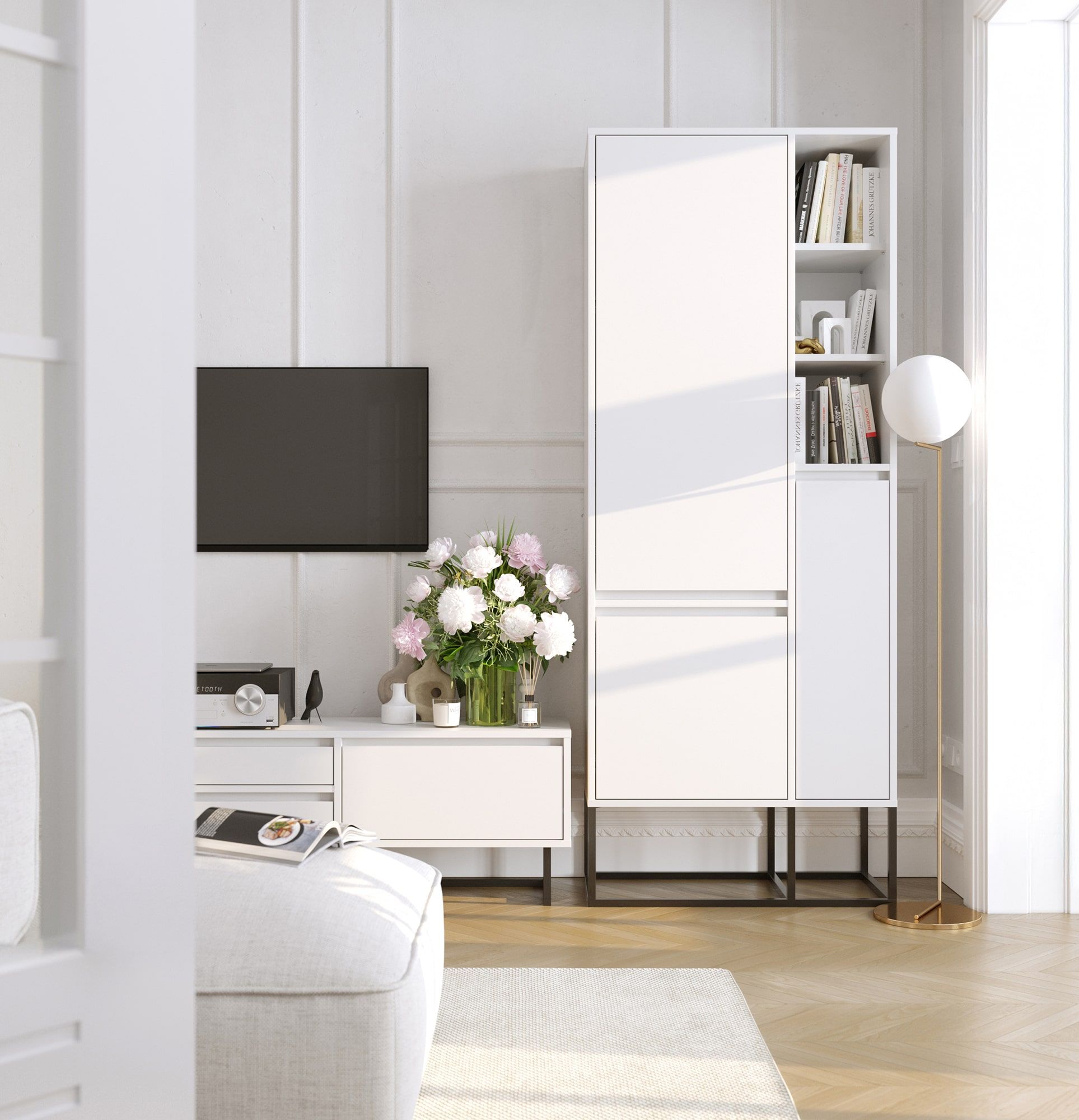 ODIS asymmetrischer Kleiderschrank SZOA3
Farbe: Porzellanweiß
Farbe der Beine: Stahl ODIS Schwarz