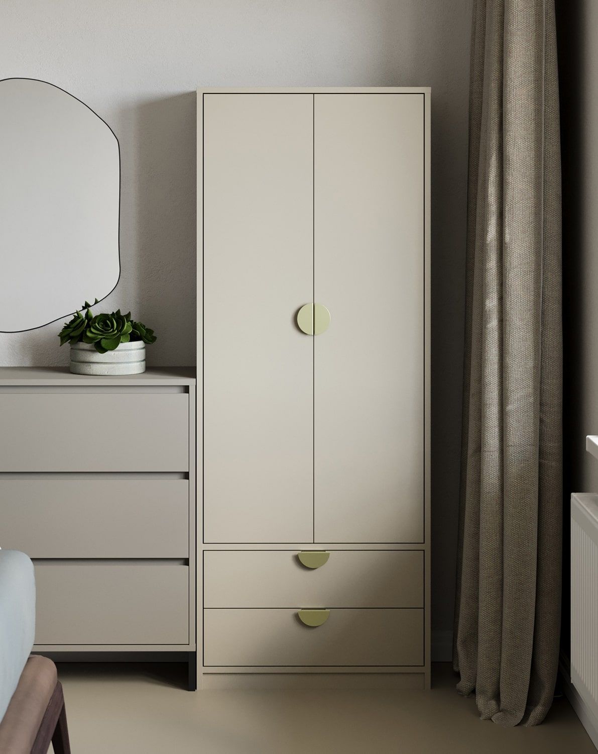 Garderobe S01
Farbe: Champagner Beige
Griff: RIND Holzgriff Gold