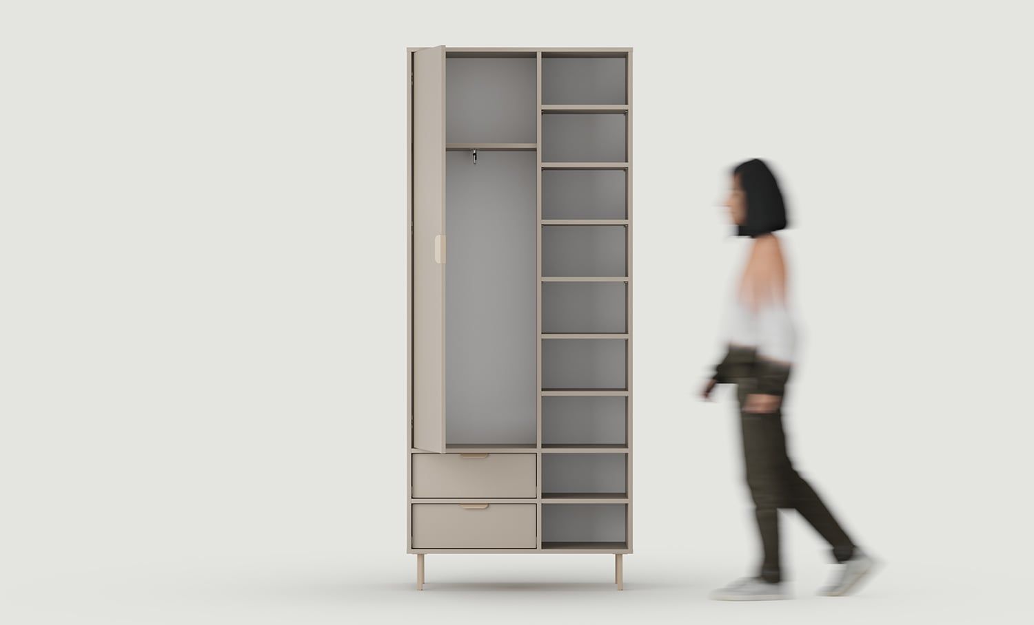 SIGI asymmetrische Garderobe SZSA2
Farbe: Esche Lehm
Bein: Cappuccino
Griff: LAYERS 110 Cappuccino