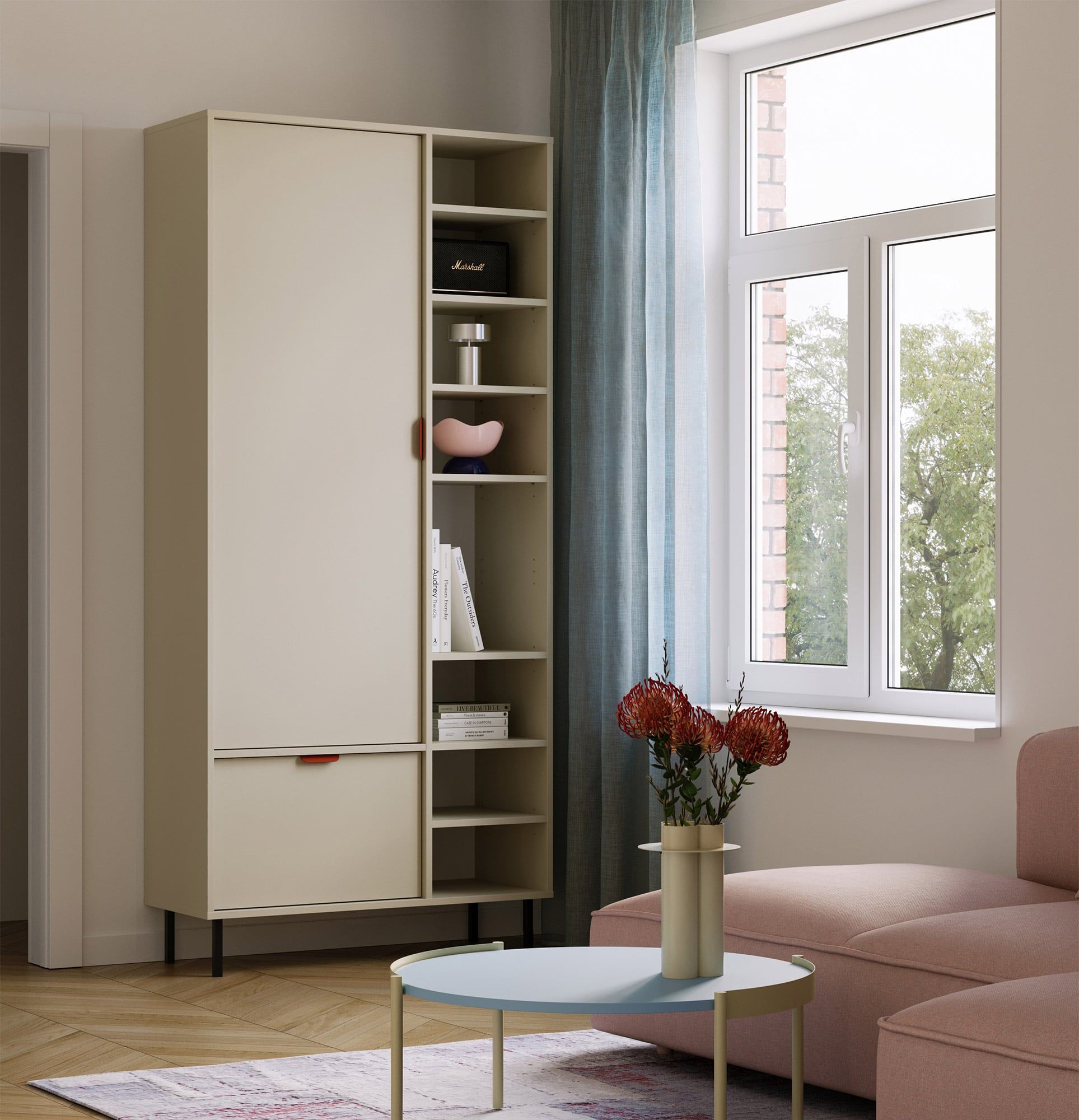 SIGI asymmetrische Garderobe SZSA3
Farbe: Milky Way
Bein: Schwarz
Griff: LAYERS 110 Feuriges Terrakotta