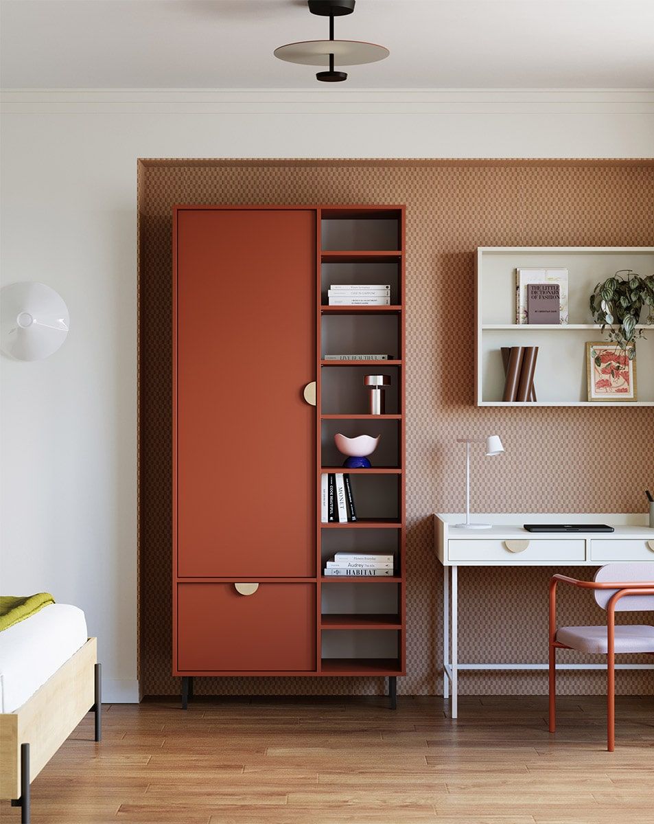 SIGI asymmetrische Garderobe SZSA3
Farbe: Feuriges Terrakotta
Bein: Schwarz
Griff: Eichenholzgriff RIND