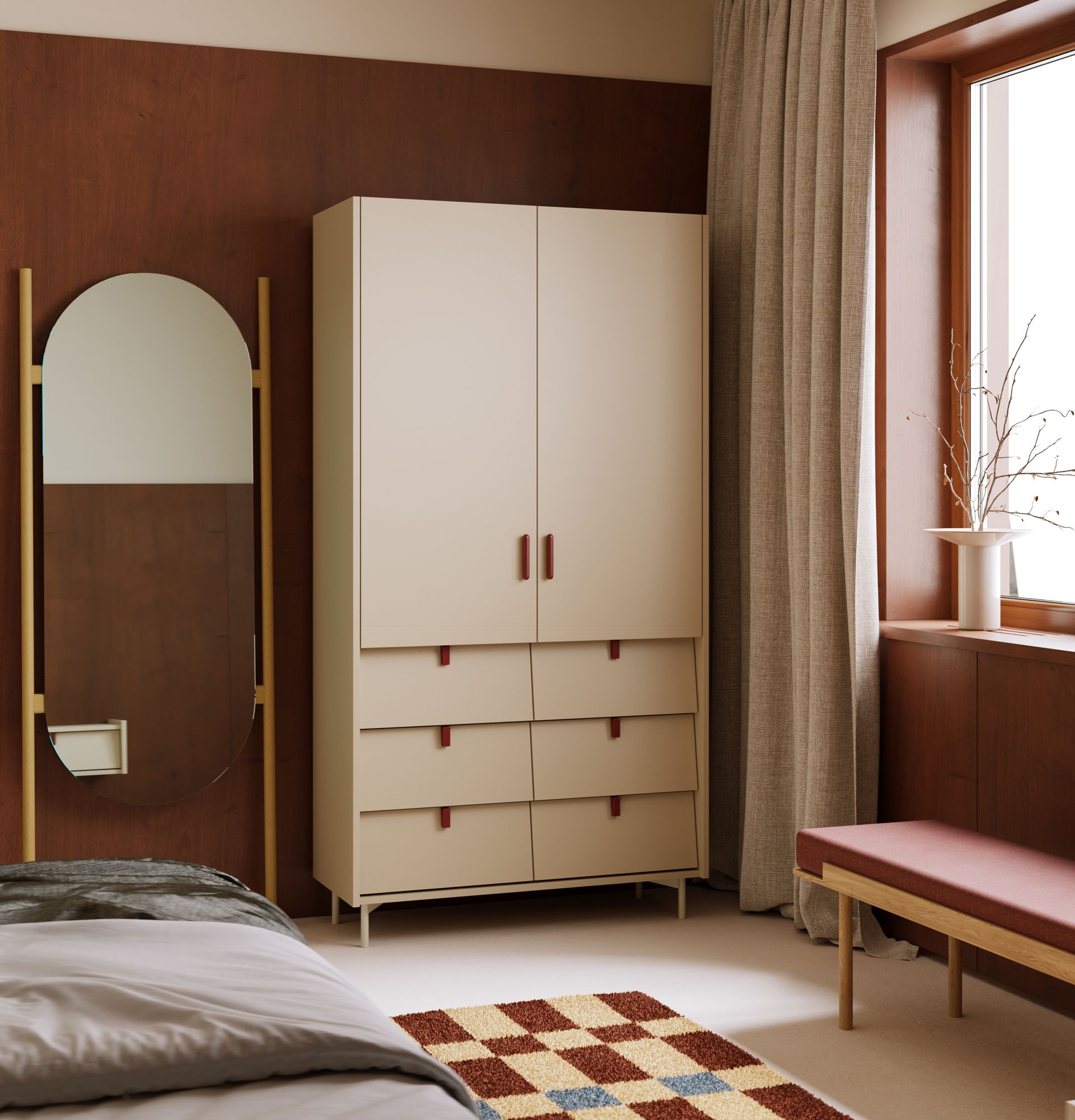 SKRA SKR49 Kleiderschrank
Farbe: Cappuccino
Oberer Griff: Cigar Burgundy
Unterer Griff: Burgundy Wedge
Bein: Milky Way
