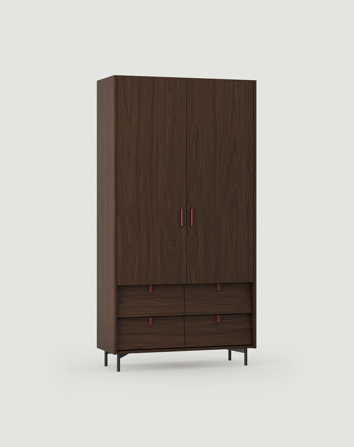 SKRA SKR48 Kleiderschrank
Farbe: Eiche Dunkel Furnier
Oberer Griff: Zigarre Burgund
Unterer Griff: Burgundy Wedge
Bein: Schwarz
  
