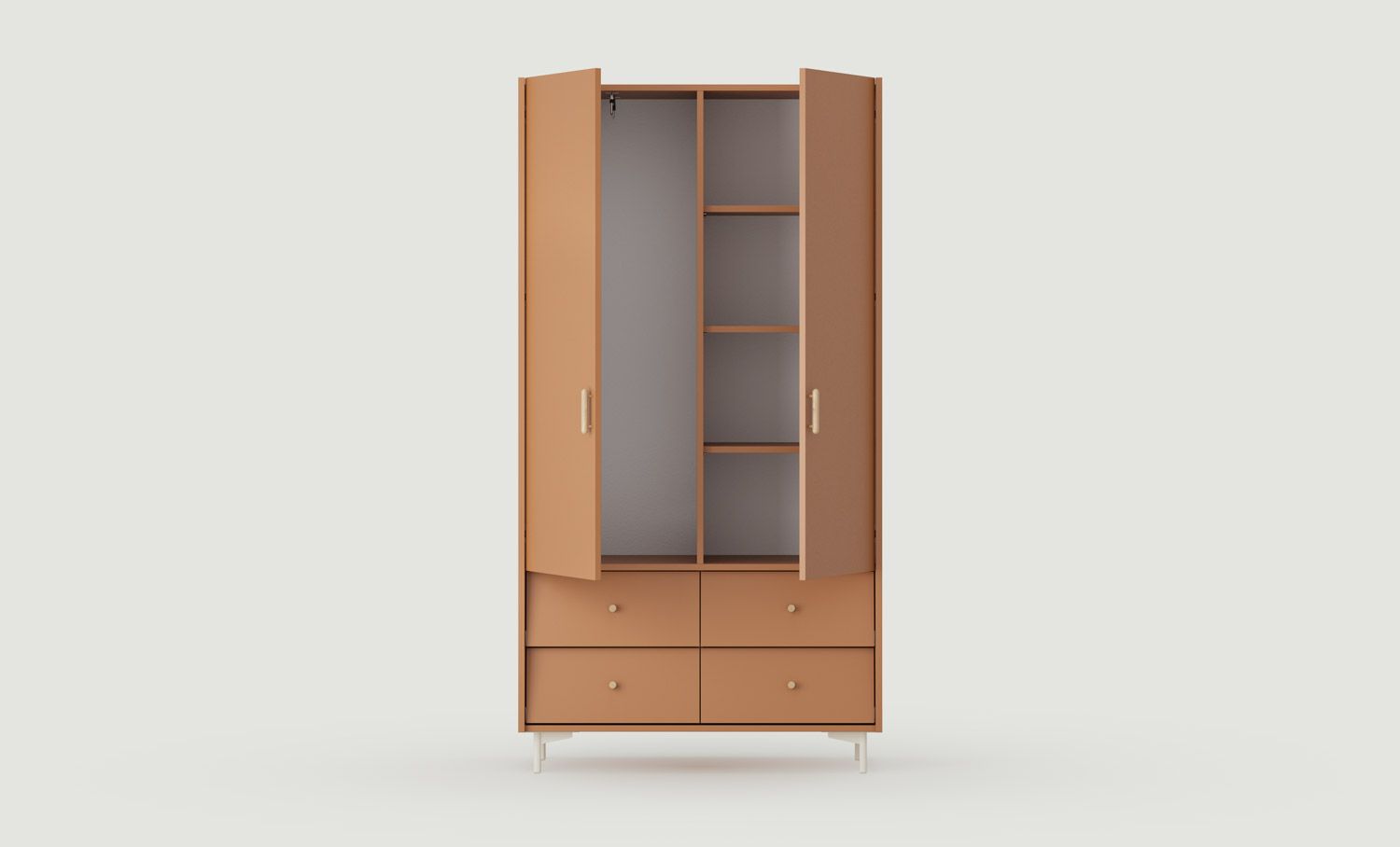SKRA SKR48 Kleiderschrank
Farbe: Sahara Deep
Oberer Griff: Zigarreneiche
Unterer Griff: Eichenholzknauf
Bein: Milky Way