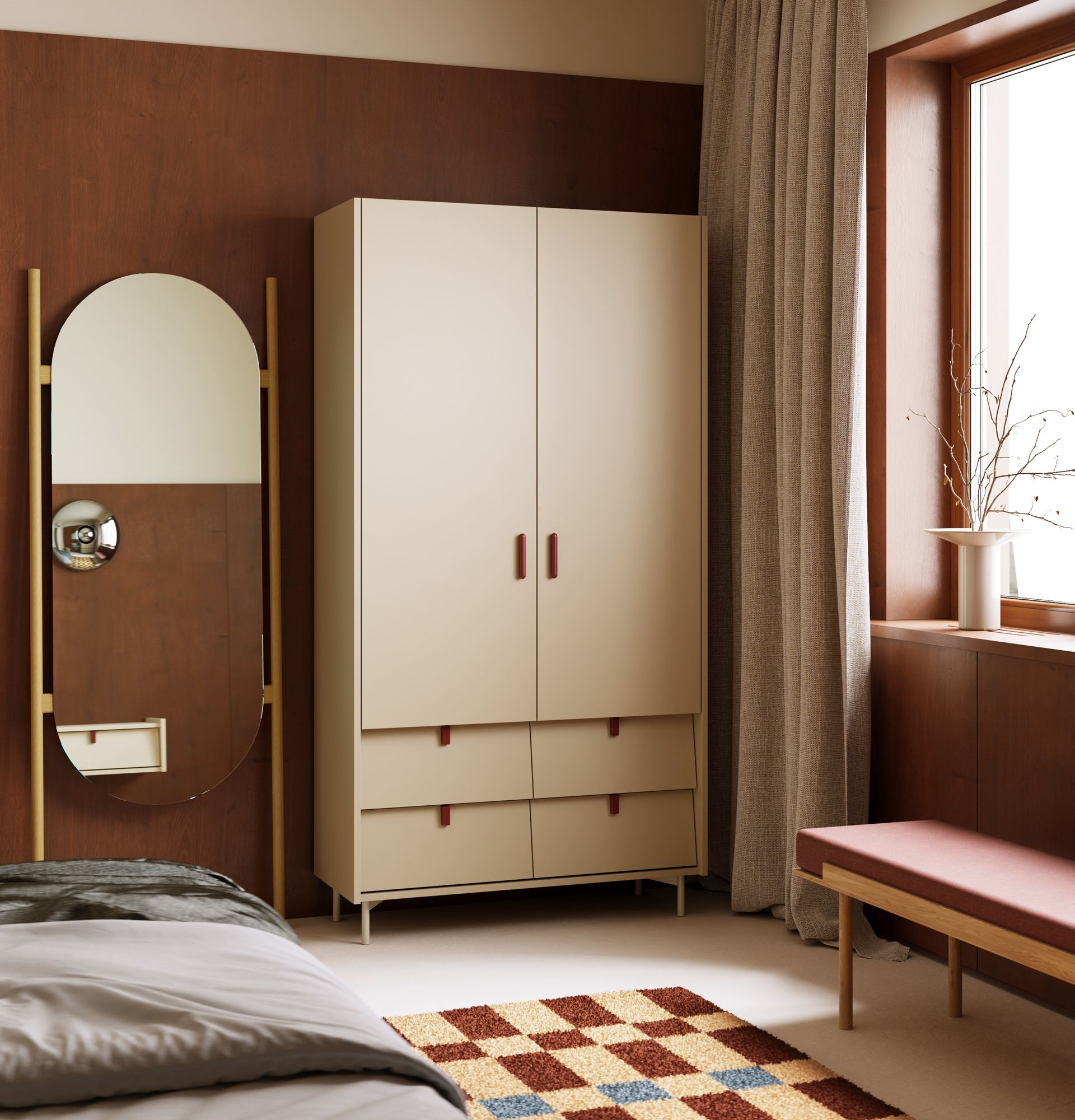 SKRA SKR48 Kleiderschrank
Farbe: Champagner Beige
Oberer Griff: Cigar Burgundy
Unterer Griff: Burgundy Wedge
Bein: Milky Way