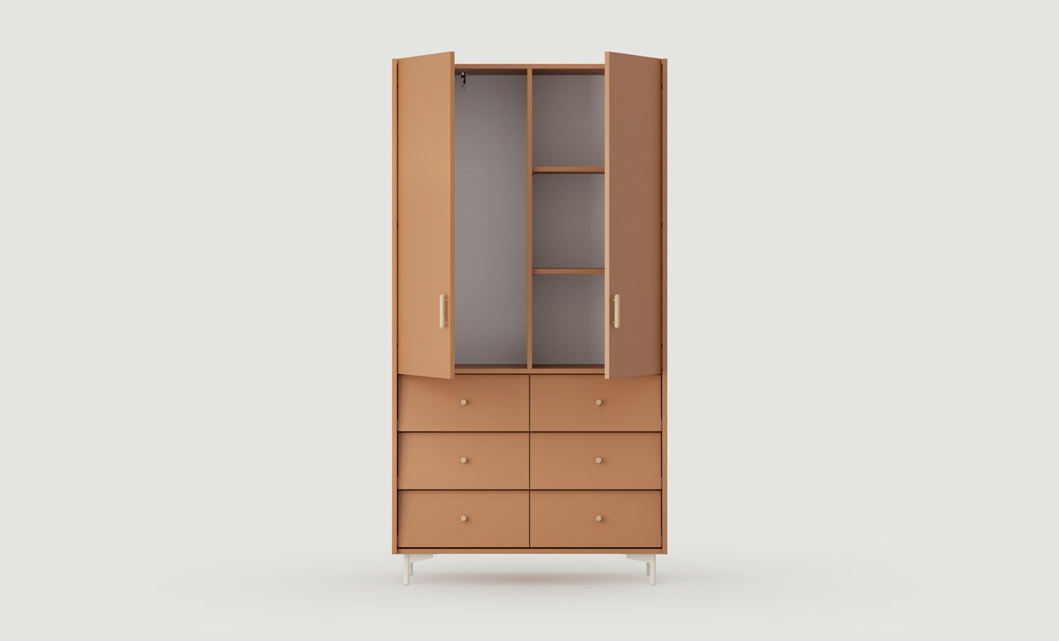 SKRA SKR49 Kleiderschrank
Farbe: Sahara Deep
Oberer Griff: Zigarreneiche
Unterer Griff: Eichenholzknauf
Bein: Milky Way