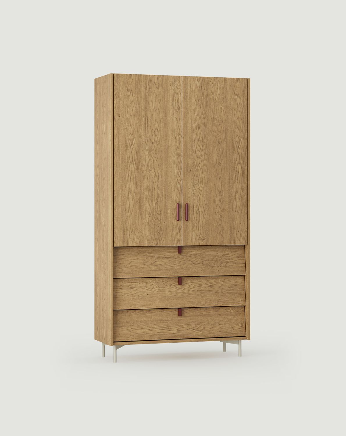 SKRA SKR51 Kleiderschrank
Farbe: Eiche Natur Furnier
Oberer Griff: Zigarre Burgund
Unterer Griff: Burgundy wedge
Bein: Milky Way
