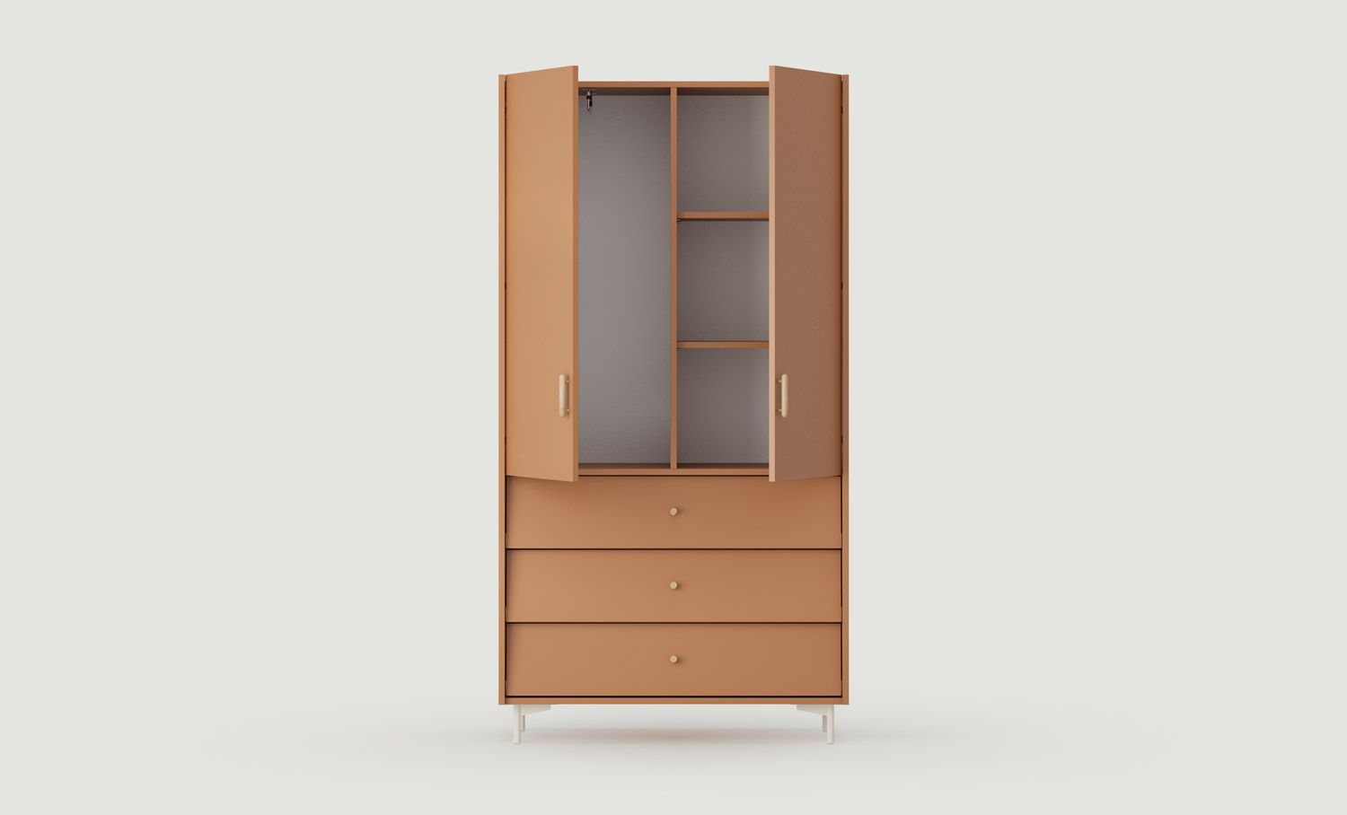 SKRA SKR51 Kleiderschrank
Farbe: Sahara Deep
Oberer Griff: Zigarreneiche
Unterer Griff: Eichenholzknauf
Bein: Milky Way