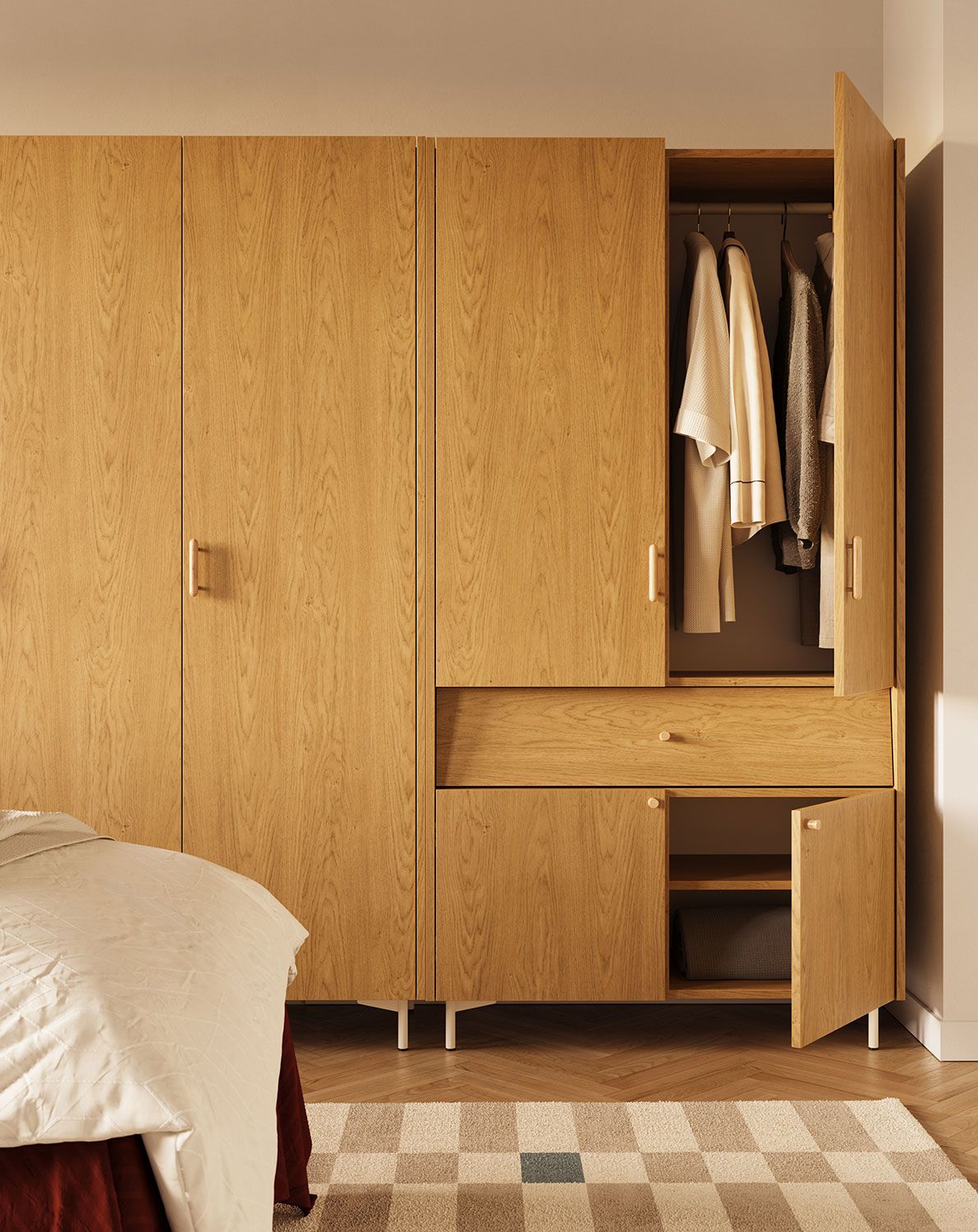 SKRA SKR52 Kleiderschrank
Farbe: Baltische Eiche
Bein: Milky Way
Griff: Zigarre und Eichenholzknopf
                            
                            