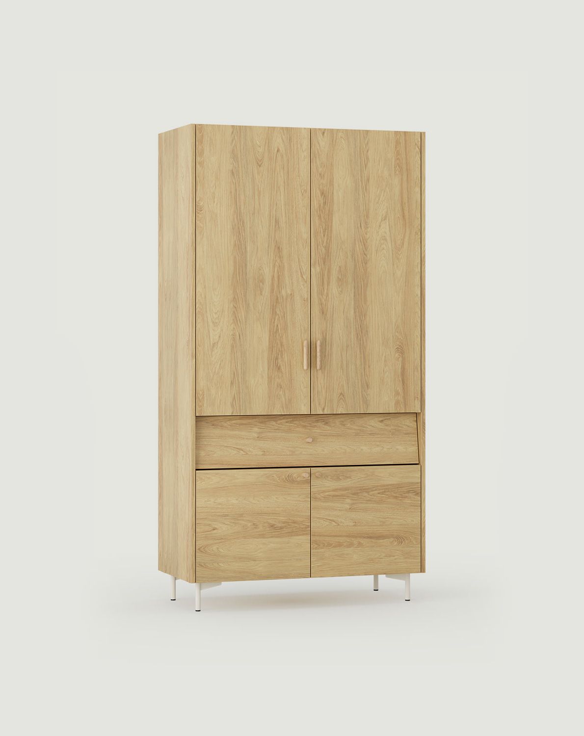SKRA SKR52 Kleiderschrank
Farbe: Natural Hickory
Bein: Milky Way
Griff: Zigarre und Eichenholzknauf
                            
                            