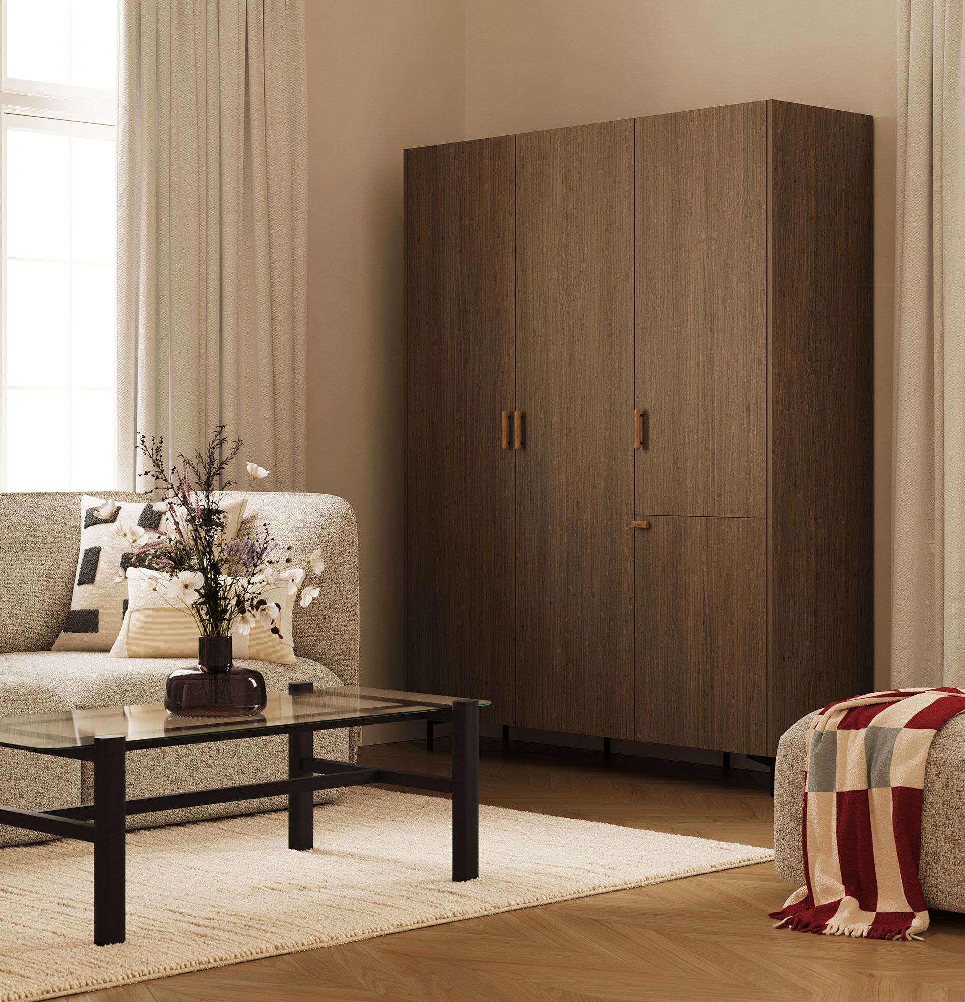 SKRA SKR55 Kleiderschrank
Farbe: Eiche schokolade
Bein: Schwarz
Griff: Zigarre und Eiche Wedge
                            
                            