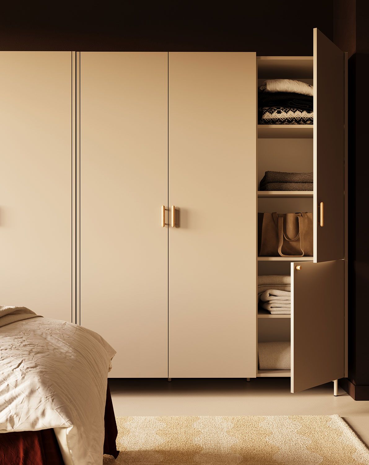 SKRA SKR55 Kleiderschrank
Farbe: Champagner Beige
Bein: Milky Way
Griff: Zigarre und Eichenholzknauf
                            