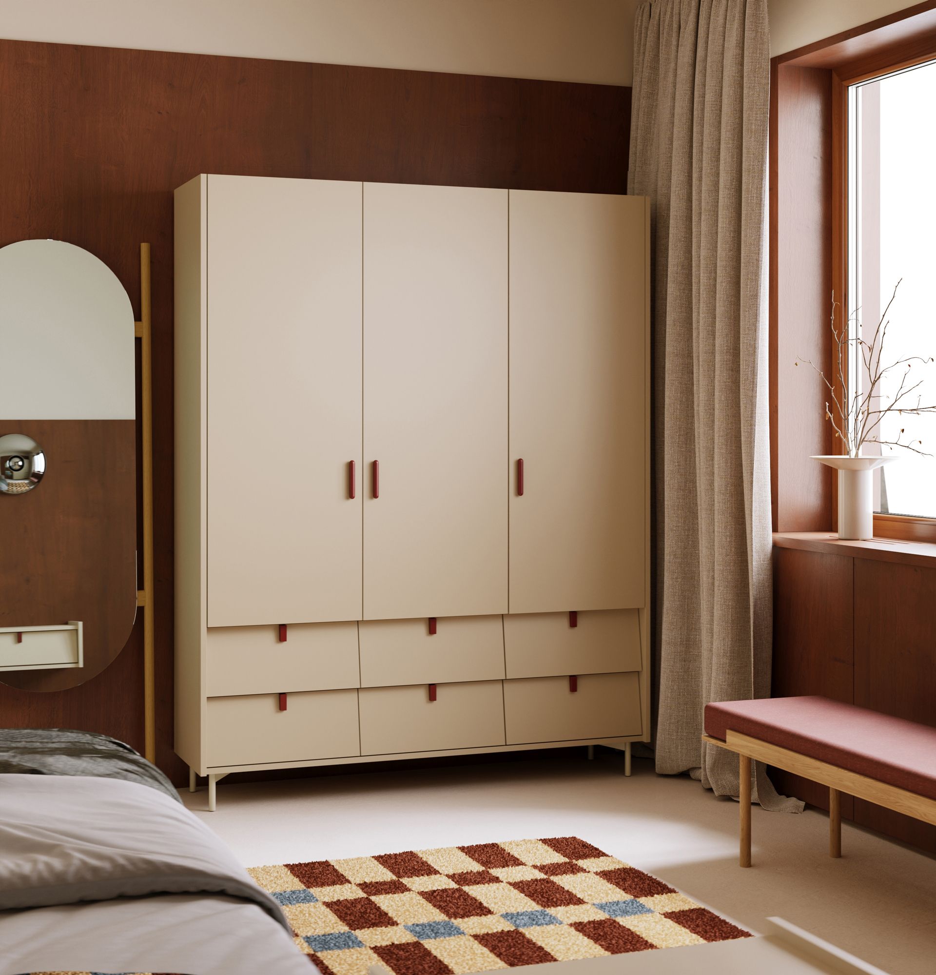 SKRA SKR58 Kleiderschrank
Farbe: Champagner Beige
Oberer Griff: Cigar Burgundy
Unterer Griff: Burgundy Wedge
Bein: Milky Way
                            