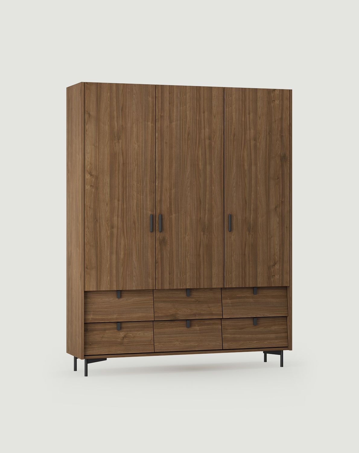 SKRA SKR58 Kleiderschrank
Farbe: Walnuss Dunkel
Oberer Griff: Cigar Black
Unterer Griff: Wedge Schwarz
Bein: Schwarz