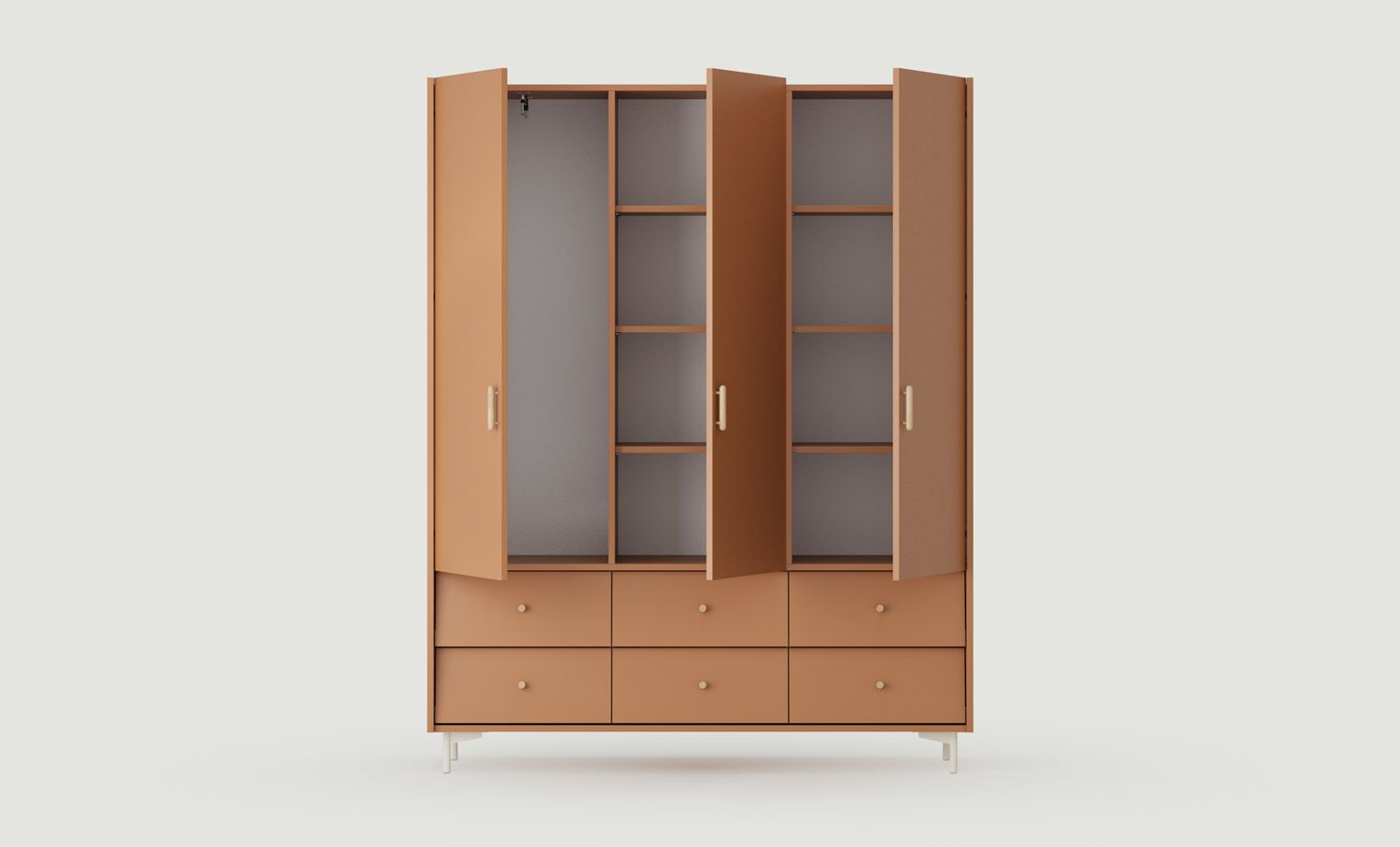 SKRA SKR58 Kleiderschrank
Farbe: Sahara Deep
Oberer Griff: Zigarreneiche
Unterer Griff: Eiche Knopf
Bein: Milky Way