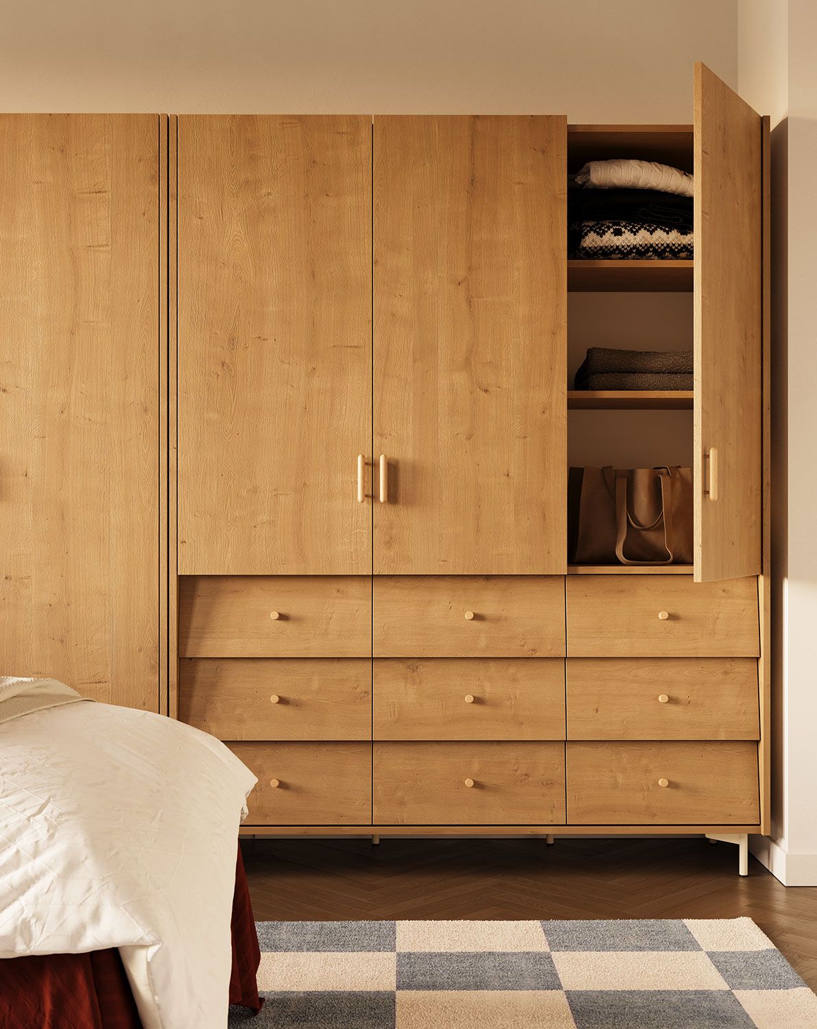 SKRA SKR59 Kleiderschrank
Farbe: Hamilton Eiche
Bein: Milky Way
Griff: Zigarre und Eichenholzknauf
                            