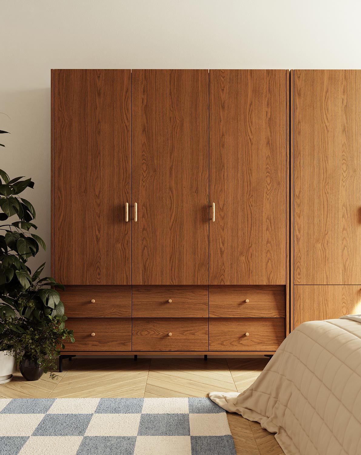 SKRA SKR58 Kleiderschrank
Farbe: Rustikale Eiche
Oberer Griff: Zigarreneiche
Unterer Griff: Eichenholzknauf
Bein: Schwarz
