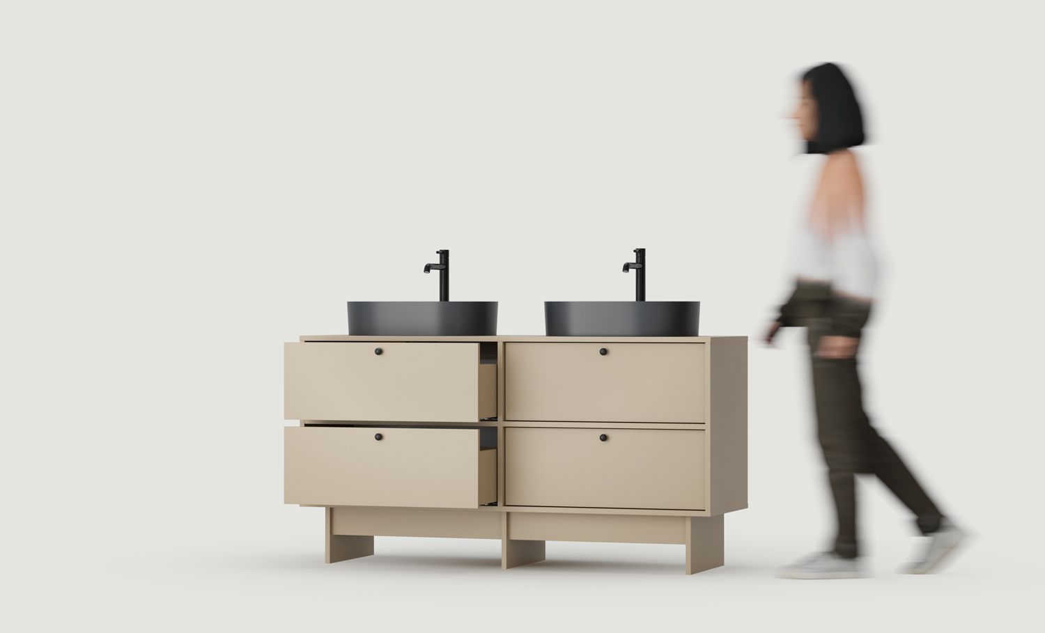 KABE Schrank mit zwei OMNIRES K2U03 Waschbecken im JAPANDI-Stil
Farbe: Cappuccino
Griff: Kula Black KD
Waschbecken: OVO M+ Schwarz Lava OMNIRES
Wasserhahn: Tall Y Schwarz OMNIRES