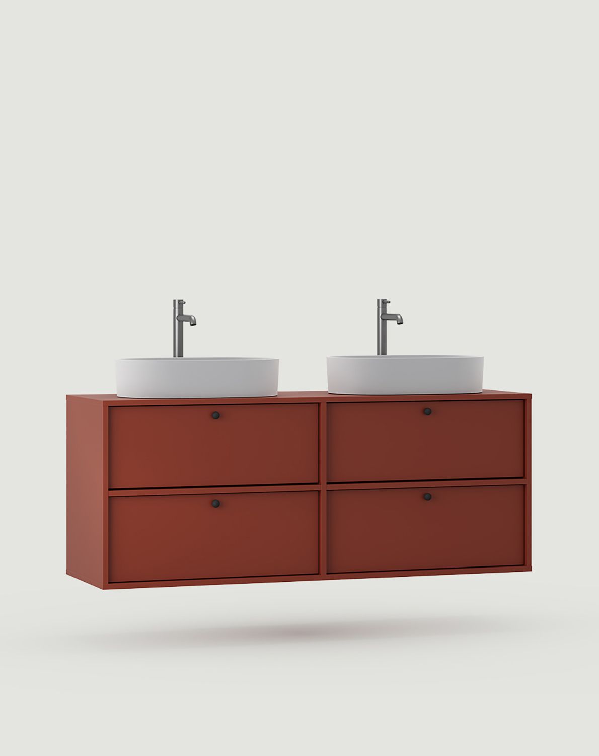KABE Schrank mit zwei OMNIRES Wandwaschbecken WK2U03 im JAPANDI-Stil
Farbe: Feuriges Terrakotta
Griff: Kugelgriff Schwarz KD
Waschbecken: OVO M+ Weiß glänzend OMNIRES
Wasserhahn: Tall Y Nickel OMNIRES
                            
