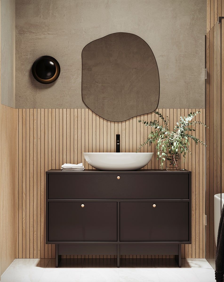 KABE-Schrank mit Waschbecken OMNIRES KU01 im JAPANDI-Stil
Farbe: Onyx Schwarz
Griff: KD Kugelgriff aus Holz
Waschbecken: Shell M+ Weiß glänzend OMNIRES
Wasserhahn: Tall Y Schwarz OMNIRES