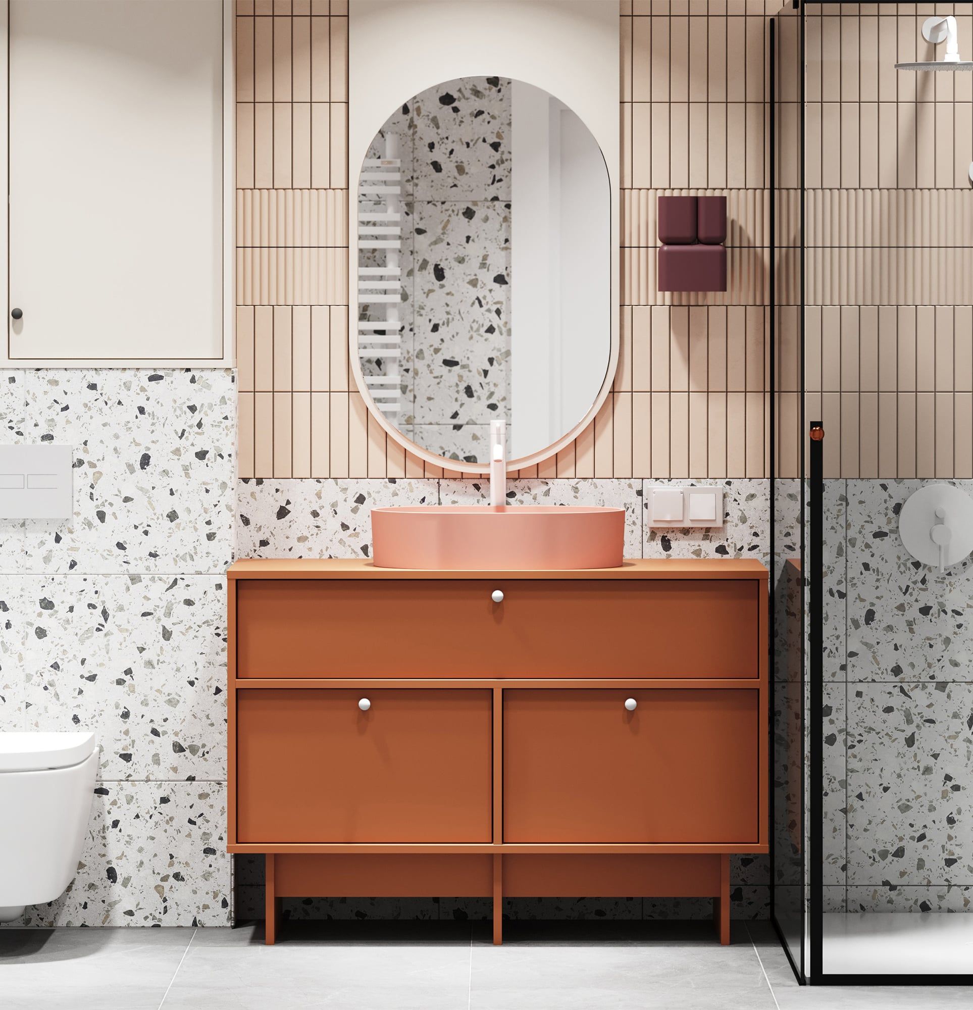 KABE-Schrank mit OMNIRES KU01-Waschtisch im JAPANDI-Stil
Farbe: Feuriges Terrakotta
Griff: Kugelgriff KD White
Waschbecken: OVO M+ Koralle OMNIRES
Wasserhahn: Tall Y Weiß OMNIRES