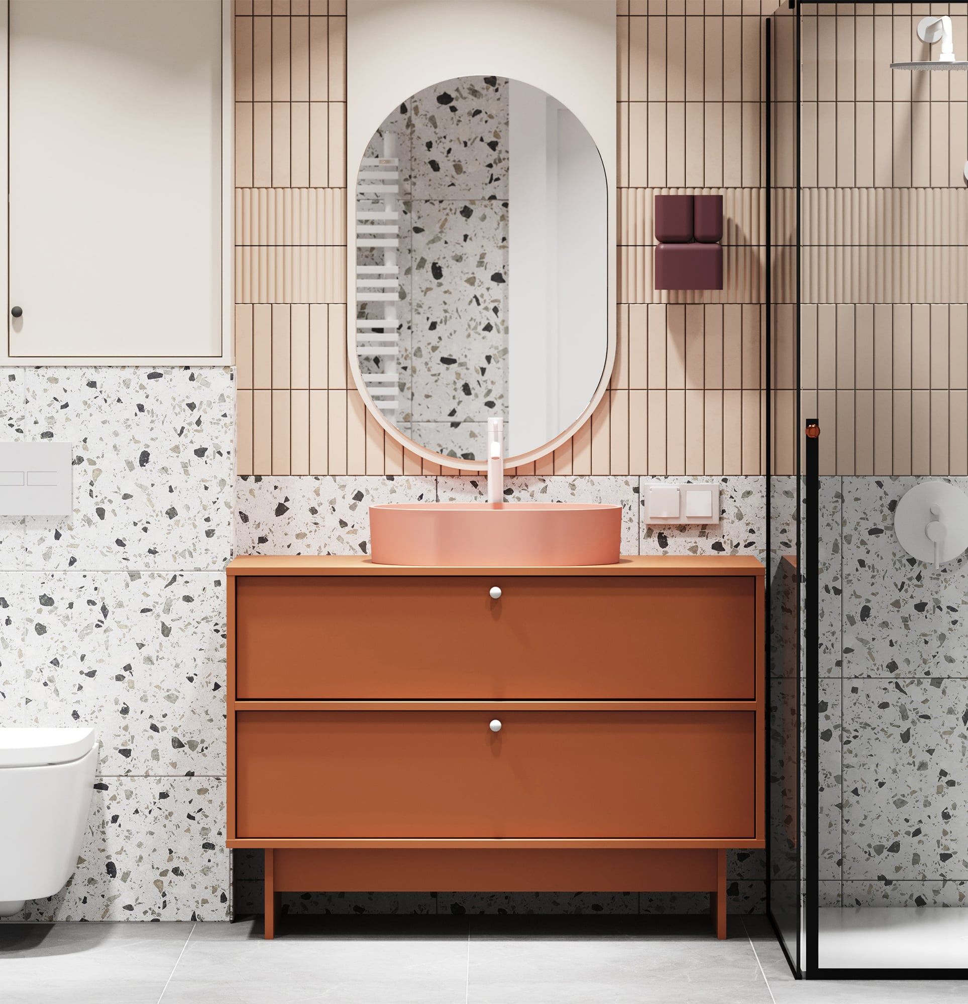KABE-Schrank mit OMNIRES-Waschtisch KU02 im JAPANDI-Stil
Farbe: Feuriges Terrakotta
Griff: Kugelgriff KD White
Waschbecken: OVO M+ Koralle OMNIRES
Wasserhahn: Tall Y Weiß OMNIRES