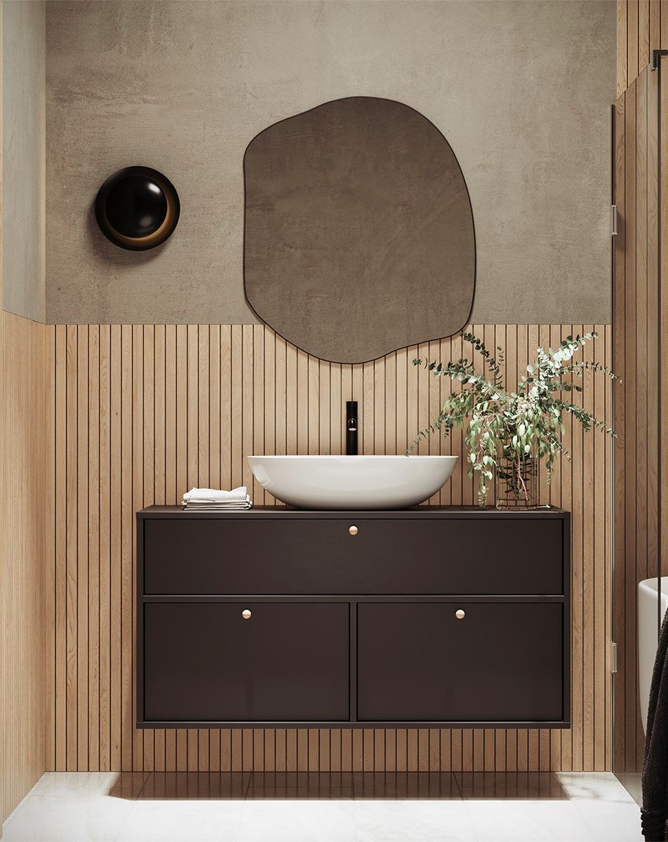 KABE-Schrank mit OMNIRES-Waschtisch zur Wandmontage WKU01 im JAPANDI-Stil
Farbe: Onyx Schwarz
Griff: KD Kugelgriff aus Holz
Waschbecken: Shell M+ Weiß glänzend OMNIRES
Wasserhahn: Tall Y Schwarz OMNIRES