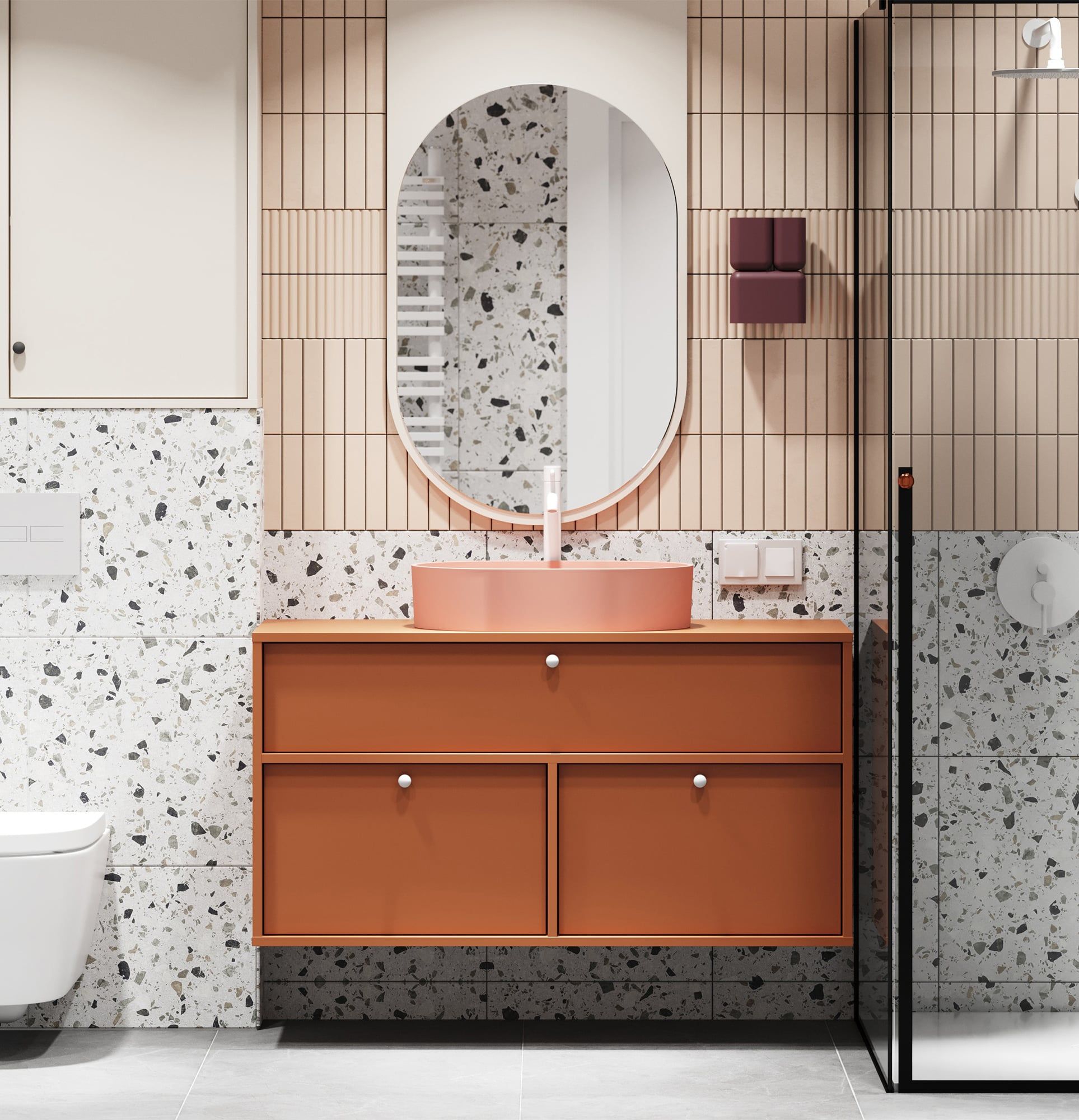 KABE-Schrank mit OMNIRES-Waschtisch zur Wandmontage WKU01 im JAPANDI-Stil
Farbe: Feuriges Terrakotta
Griff: Kugelgriff KD White
Waschbecken: OVO M+ Koralle OMNIRES
Wasserhahn: Tall Y Weiß OMNIRES