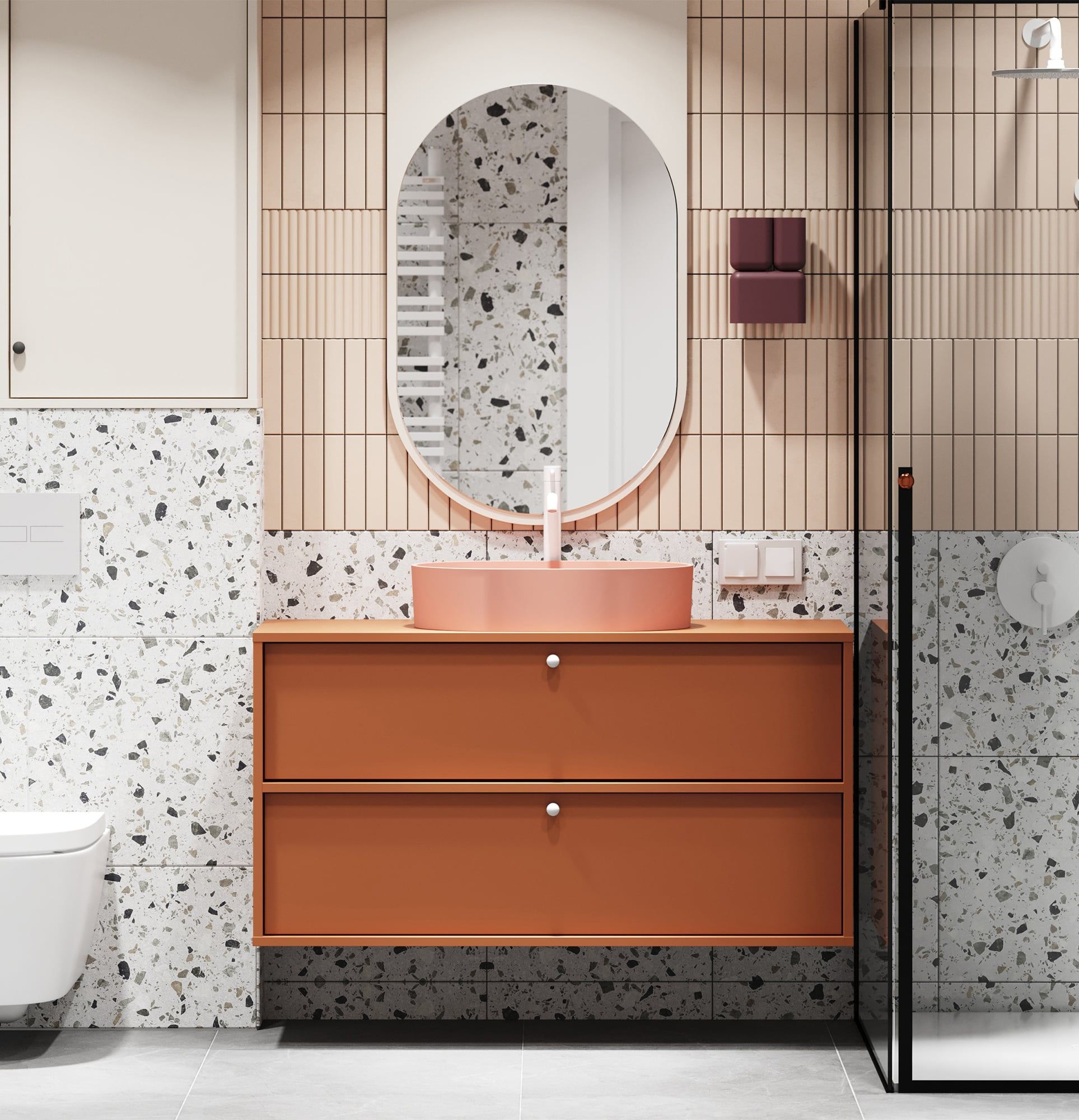KABE-Schrank mit OMNIRES-Waschtisch zur Wandmontage WKU02 im JAPANDI-Stil
Farbe: Feuriges Terrakotta
Griff: Kugelgriff KD White
Waschbecken: OVO M+ Koralle OMNIRES
Wasserhahn: Tall Y Weiß OMNIRES