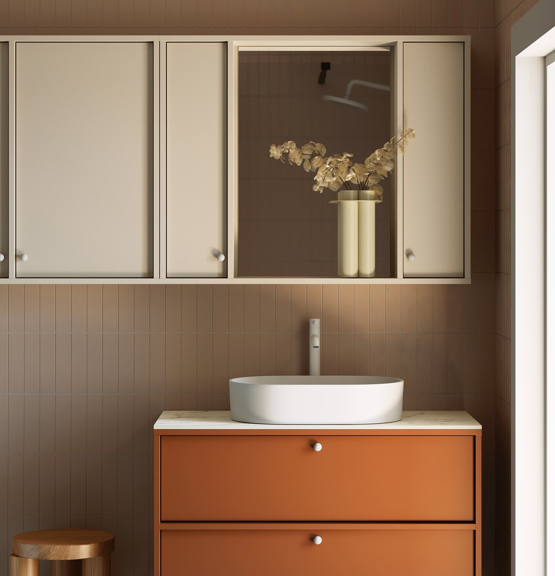 Badezimmer-Wandschrank mit Spiegel KABE WKLL02 im JAPANDI-Stil
Farbe: Milky Way
Griff: Weißer KD-Kugelgriff