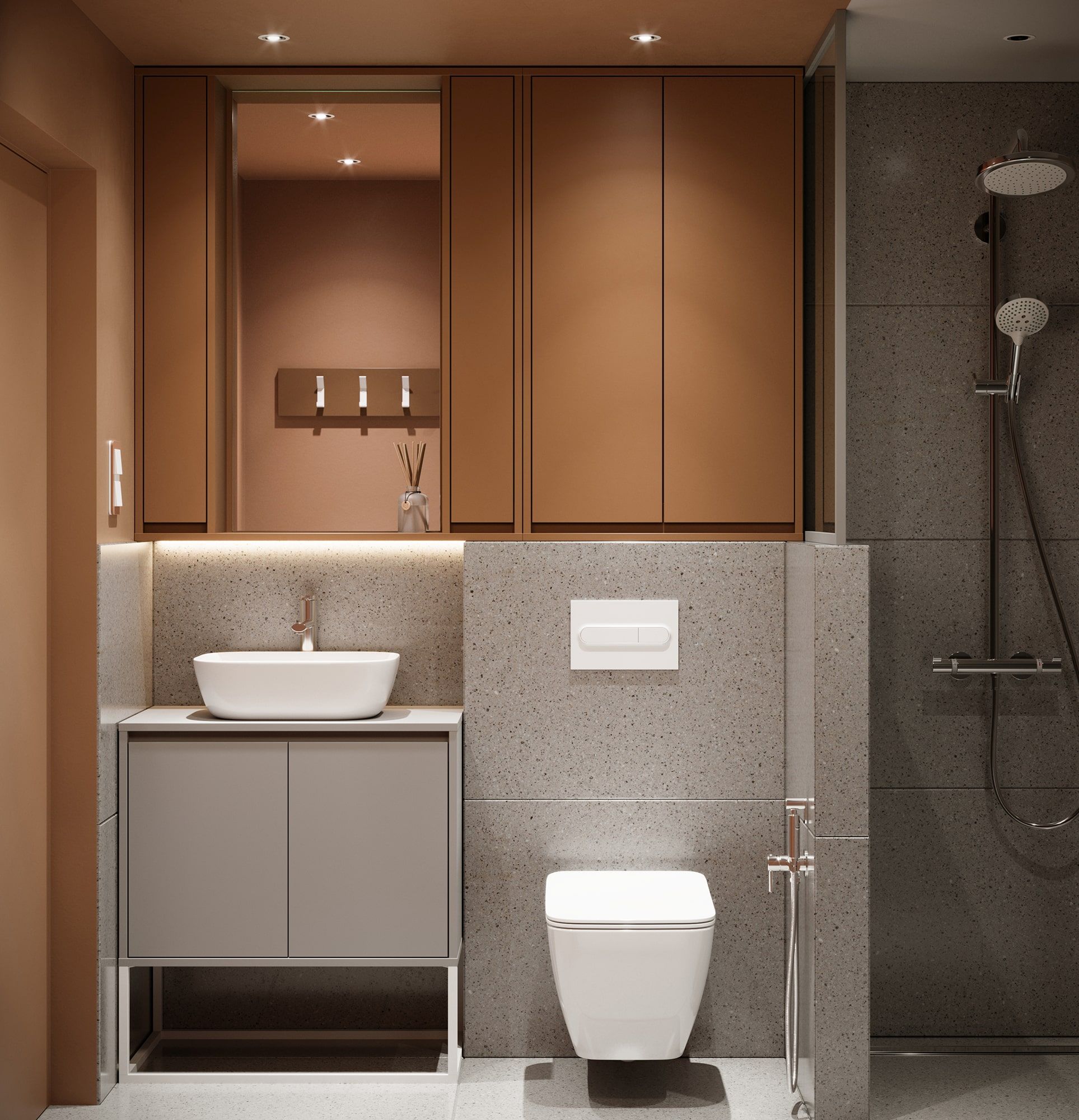 Badezimmer-Wandschrank mit Spiegel ODIS WOLL02
Farbe: Sahara Deep