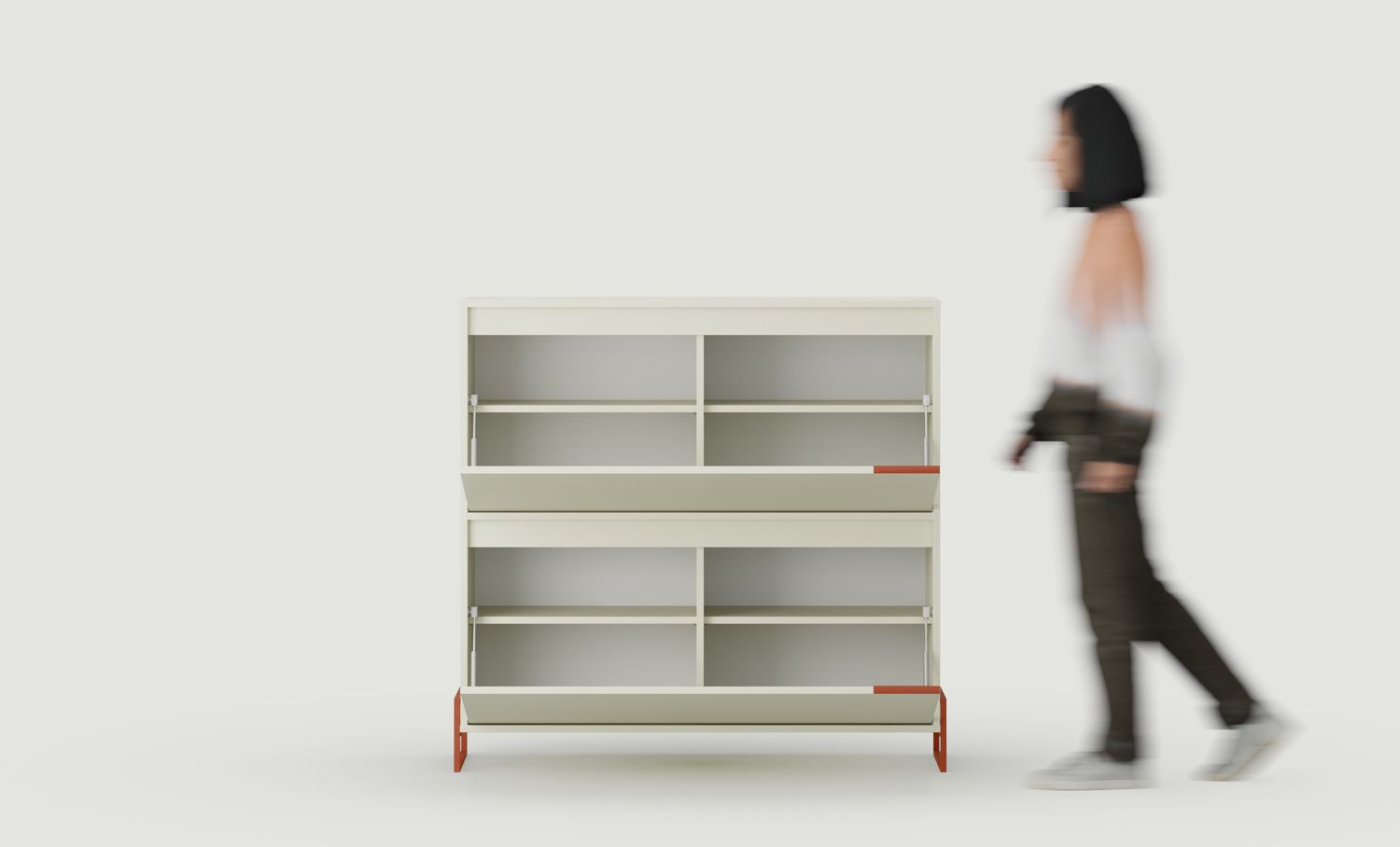 INEA DUO Schuhschrank ISD1
Farbe: Milky Way
Farbe der Beine und Griffe: Stahl Inea Fiery Terracotta