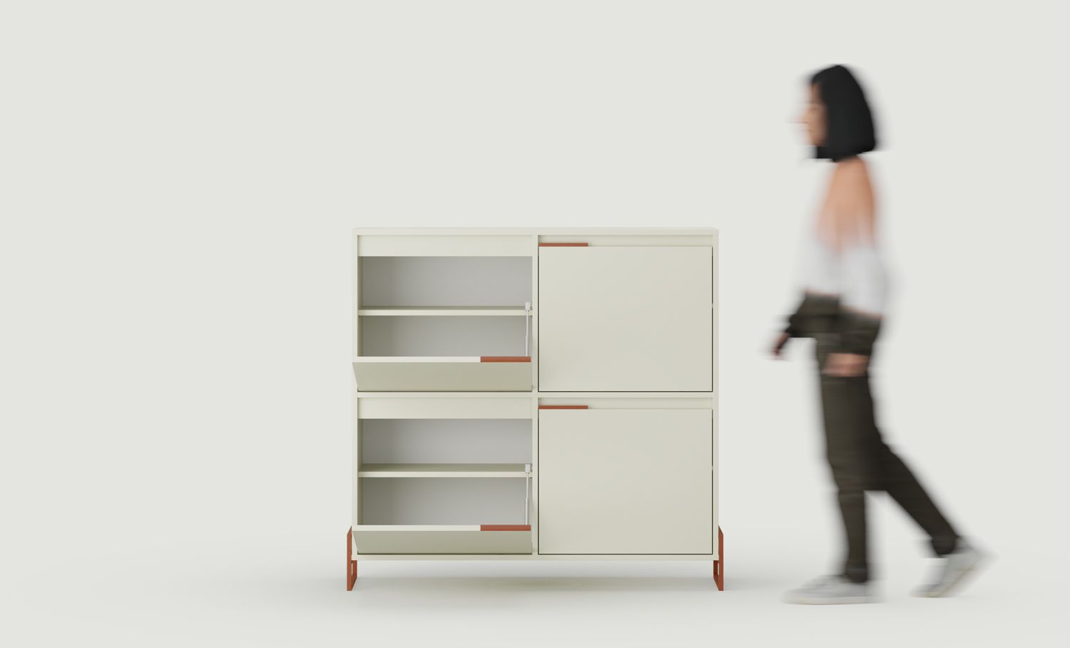 INEA DUO Schuhschrank ISD2
Farbe: Milky Way
Farbe der Beine und Griffe: Stahl Inea Fiery Terracotta