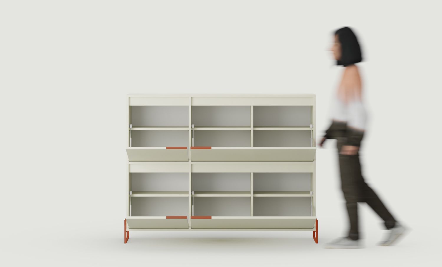 INEA DUO Schuhschrank ISD3
Farbe: Milky Way
Farbe der Beine und Griffe: Stahl Inea Fiery Terracotta