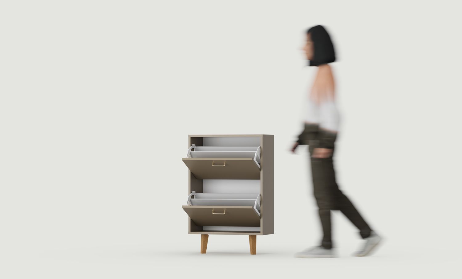 FENRIS SBK2DF Klapp-Schuhschrank
Farbe: Kaffeebraun
Beine: Trapezförmig Buche gebeizt
Griff: JORD Gold2