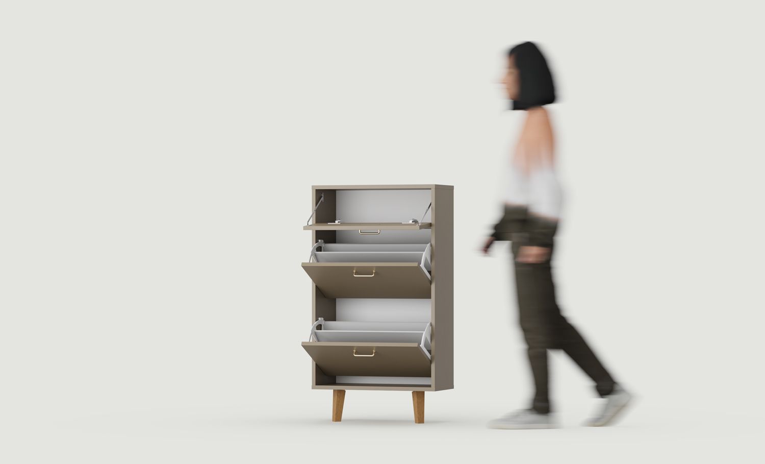 FENRIS SBK4DSF Klapp-Schuhschrank
Farbe: Kaffeebraun
Beine: Trapezförmig Buche gebeizt
Griff: JORD Gold2