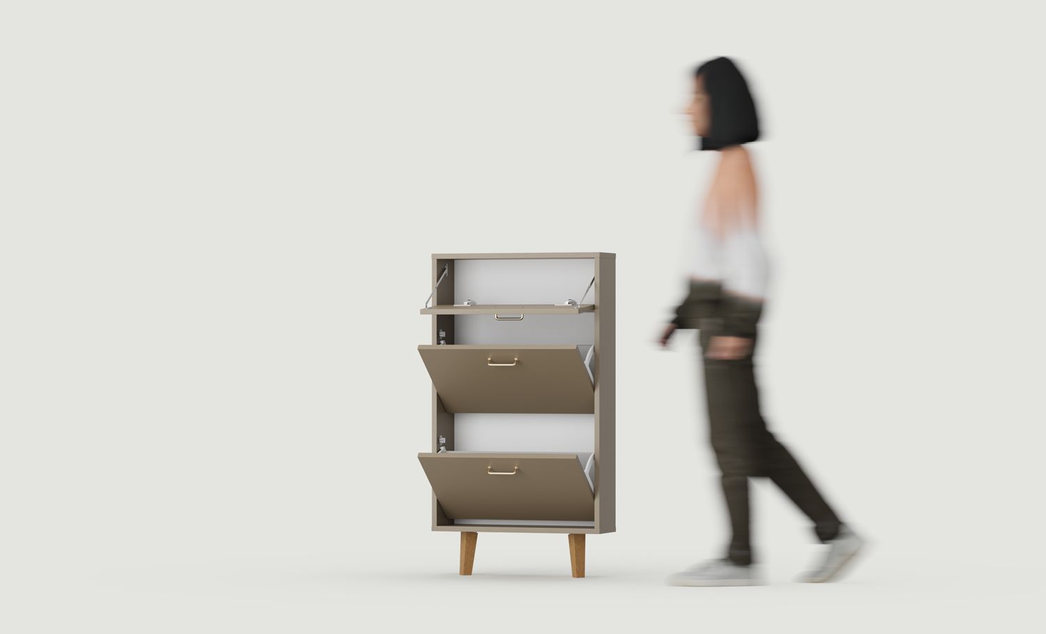 FENRIS SBK4F Klapp-Schuhschrank
Farbe: Kaffeebraun
Bein: Trapezförmig Buche gebeizt
Griff: JORD Gold2 Griff