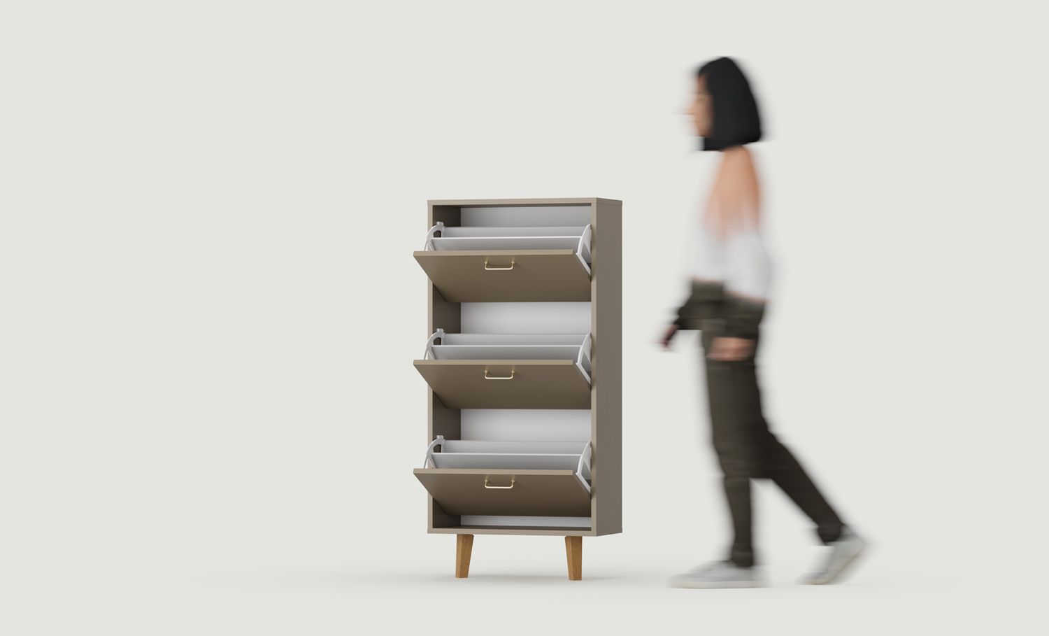 FENRIS SBK6DF Klapp-Schuhschrank
Farbe: Kaffeebraun
Beine: Trapezförmig Buche gebeizt
Griff: JORD Gold2 Griff