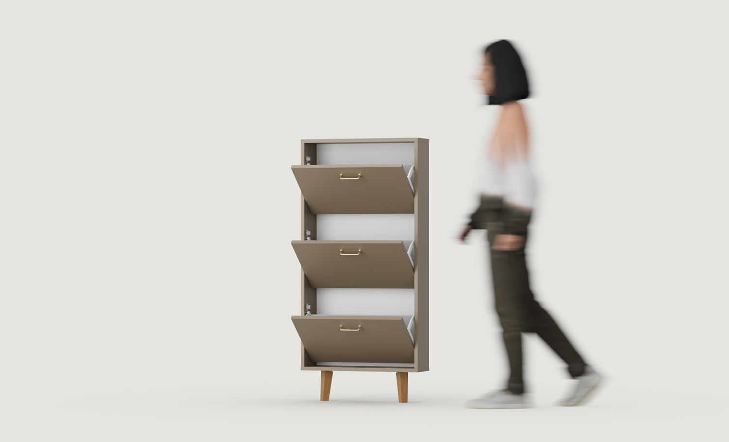FENRIS SBK6F Klapp-Schuhschrank
Farbe: Kaffeebraun
Bein: Trapezförmig Buche gebeizt
Griff: JORD Gold2 Griff
