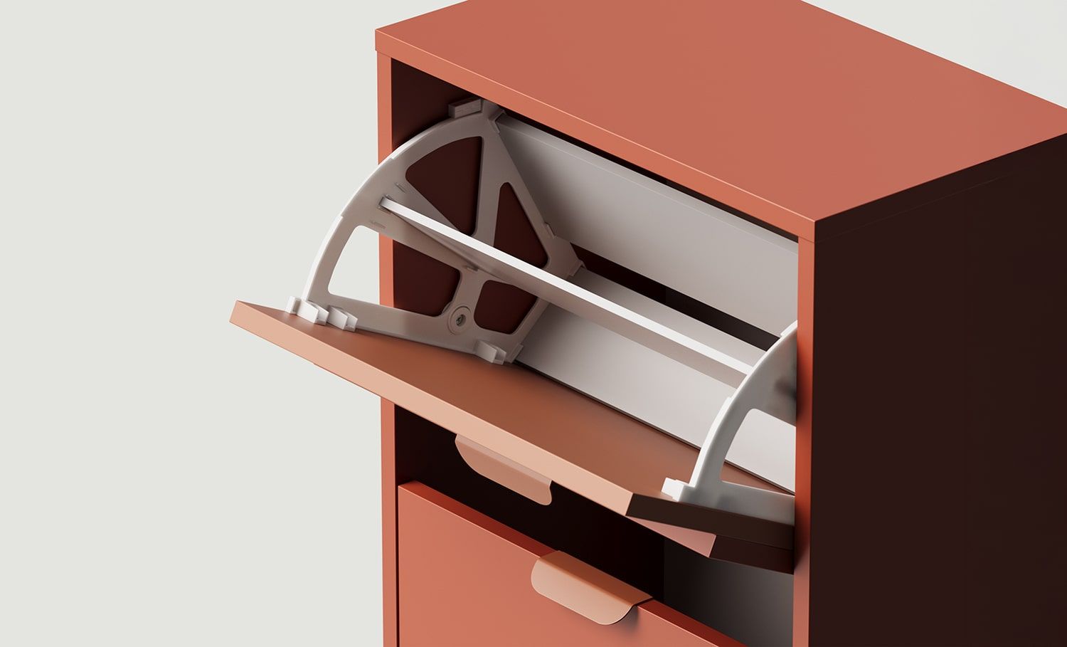 LAYERS Klapp-Schuhschrank LAY18
Farbe: Fiery Terracotta
Farbe der zweiten Schicht der Front: Sahara Deep
Griff: LAYERS Griff 110 Fire Terracotta
                            