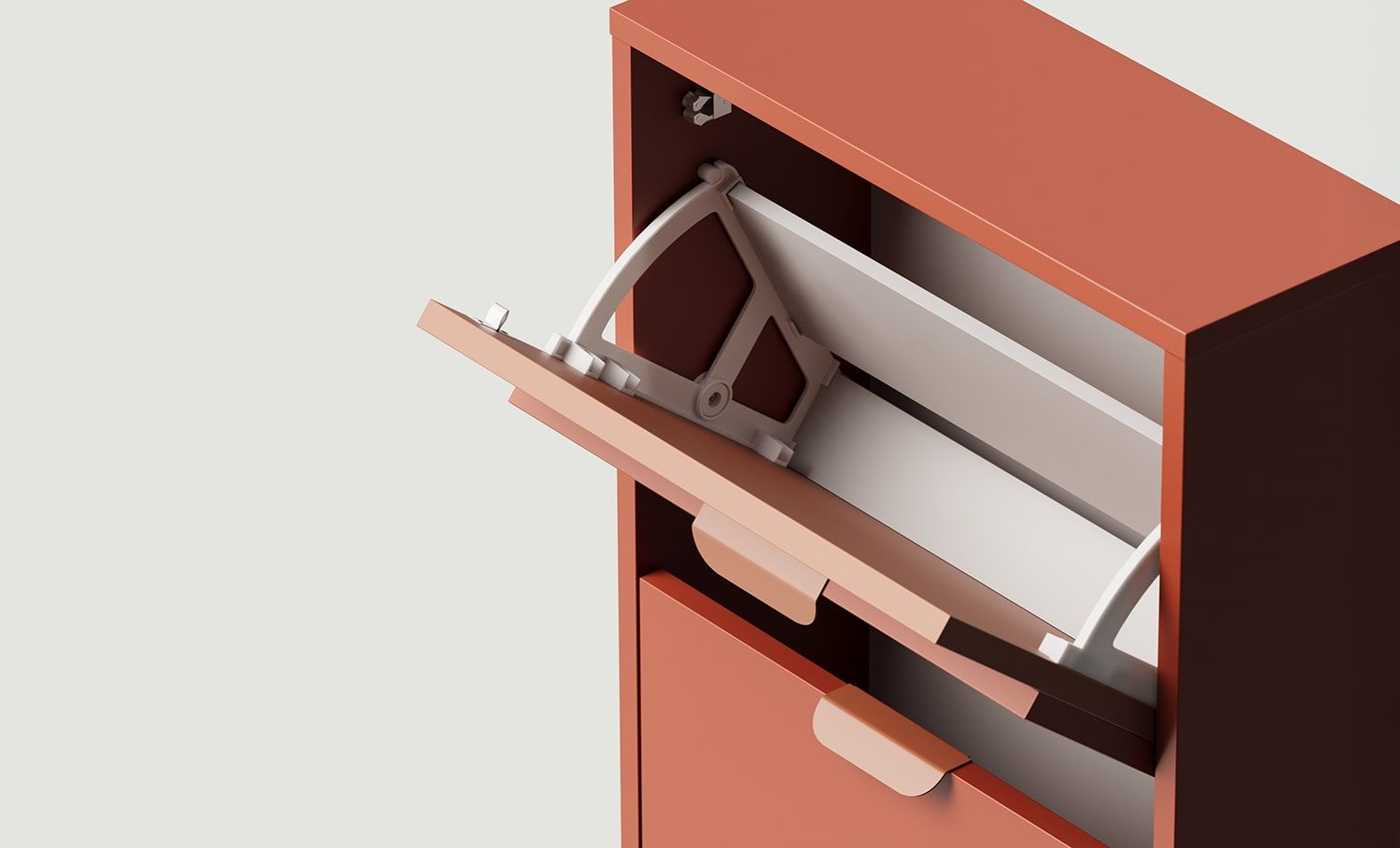 LAYERS Klapp-Schuhschrank LAY21
Farbe: Fiery Terracotta
Farbe der zweiten Schicht der Front: Sahara Deep
Griff: Griff LAYERS 110 Feuer-Terracotta
                            