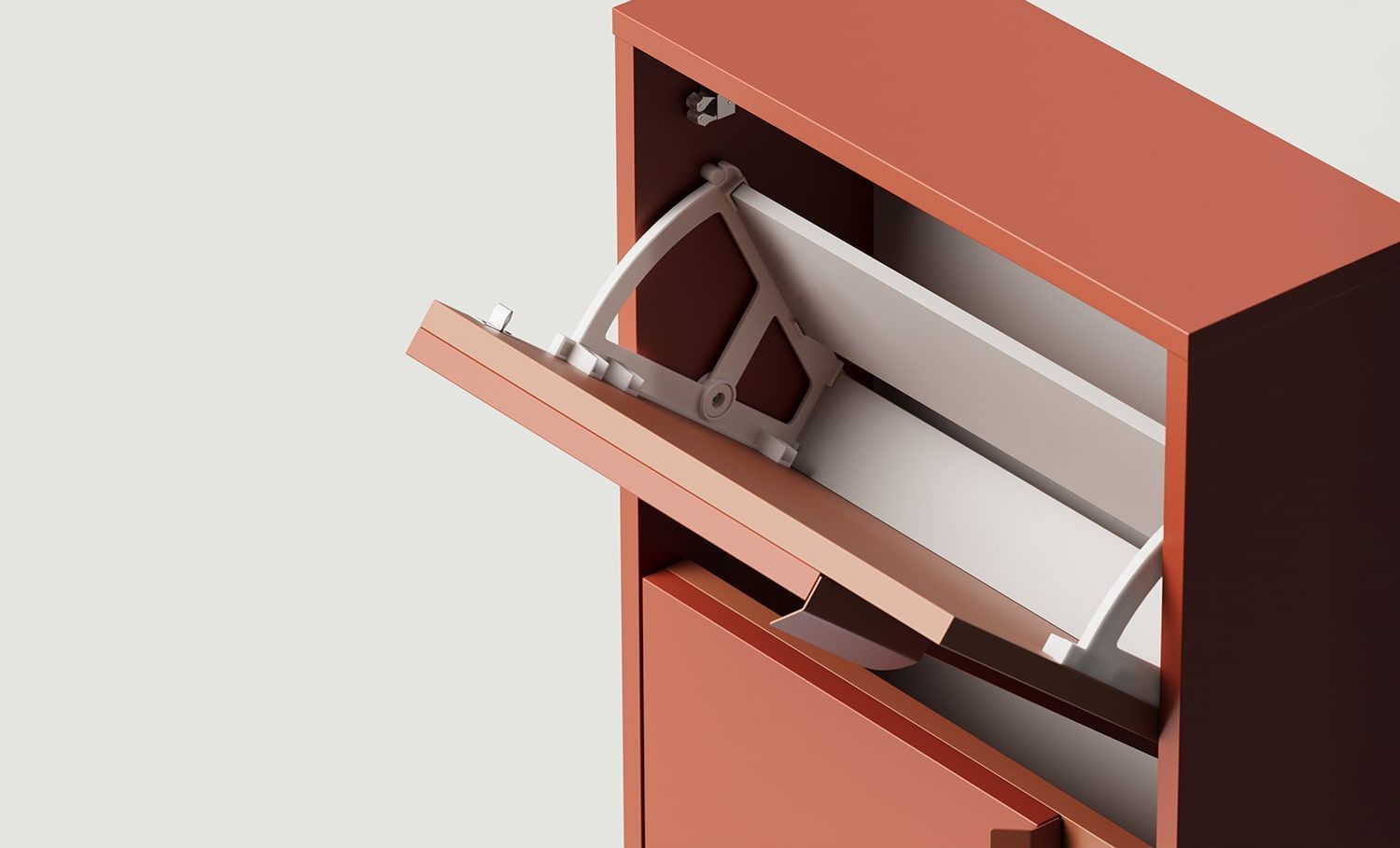 LAYERS Klapp-Schuhschrank LAY36
Farbe: Fiery Terracotta
Farbe der zweiten Schicht der Front: Sahara Deep
Griff: LAYERS 110 Flamme Terracotta