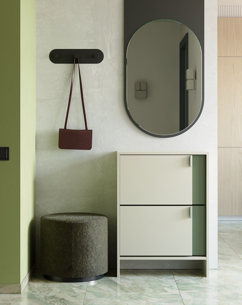 LAYERS Klapp-Schuhschrank LAY33
Farbe: Milky Way
Frontfarbe: Zypressengrün
Griff: LAYERS 110 Milk Pistachio
