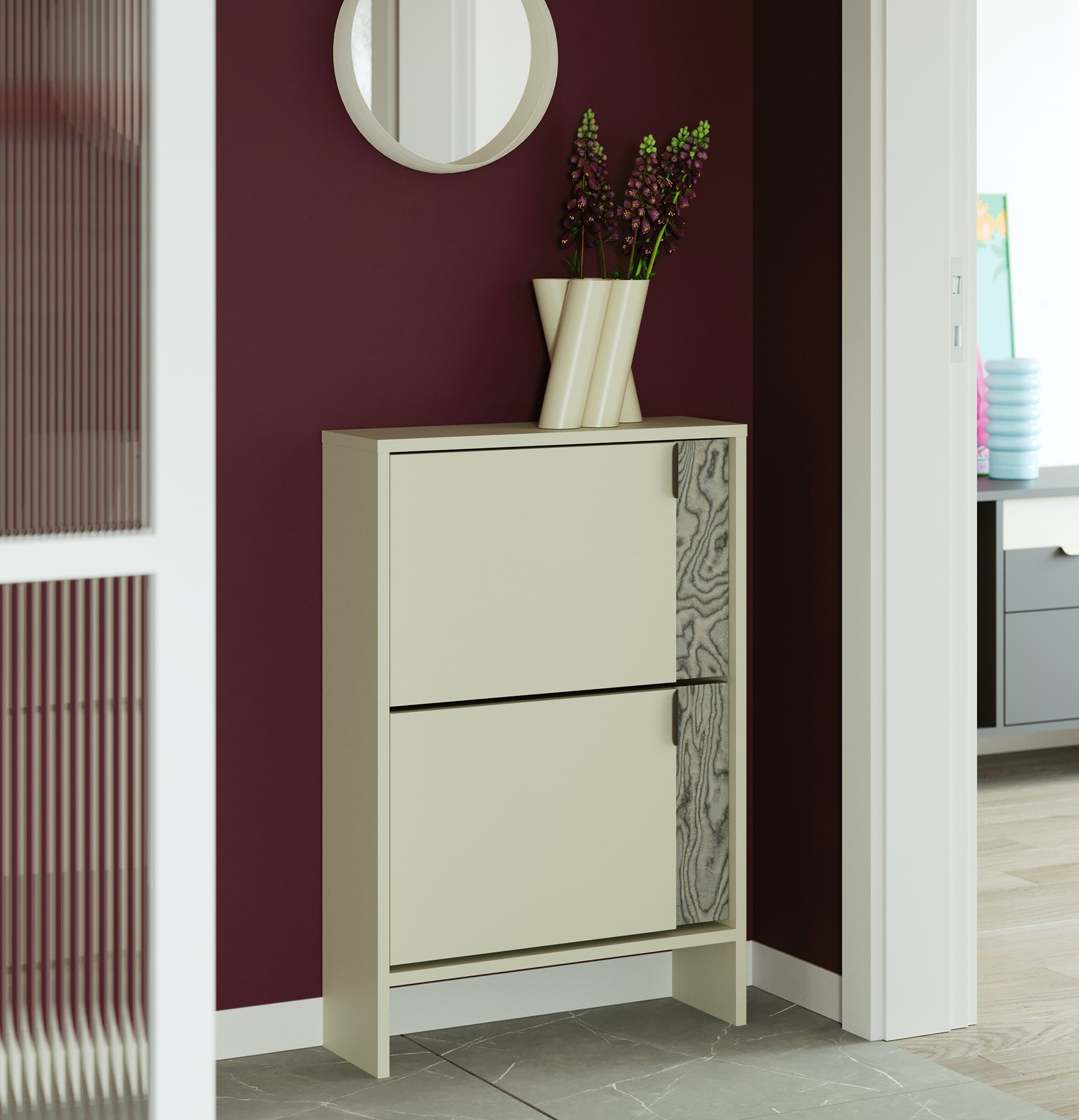 LAYERS Klapp-Schuhschrank LAY33
Farbe: Milky Way
Farbe der zweiten Schicht der Front: Sottsass Grey Veneer
Griff: LAYERS Griff 110 Deep Basalt
